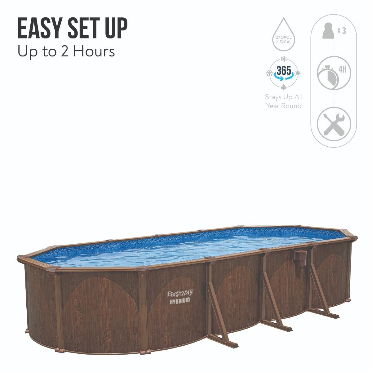 Bestway 24ft Hydrium Oval Steel Wall Pool Set, Swimming Pool, Wood Print 6/6