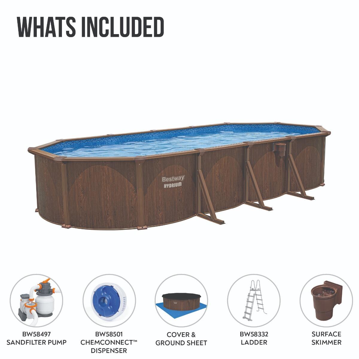 Bestway 24ft Hydrium Oval Steel Wall Pool Set, Swimming Pool, Wood Print 4/6