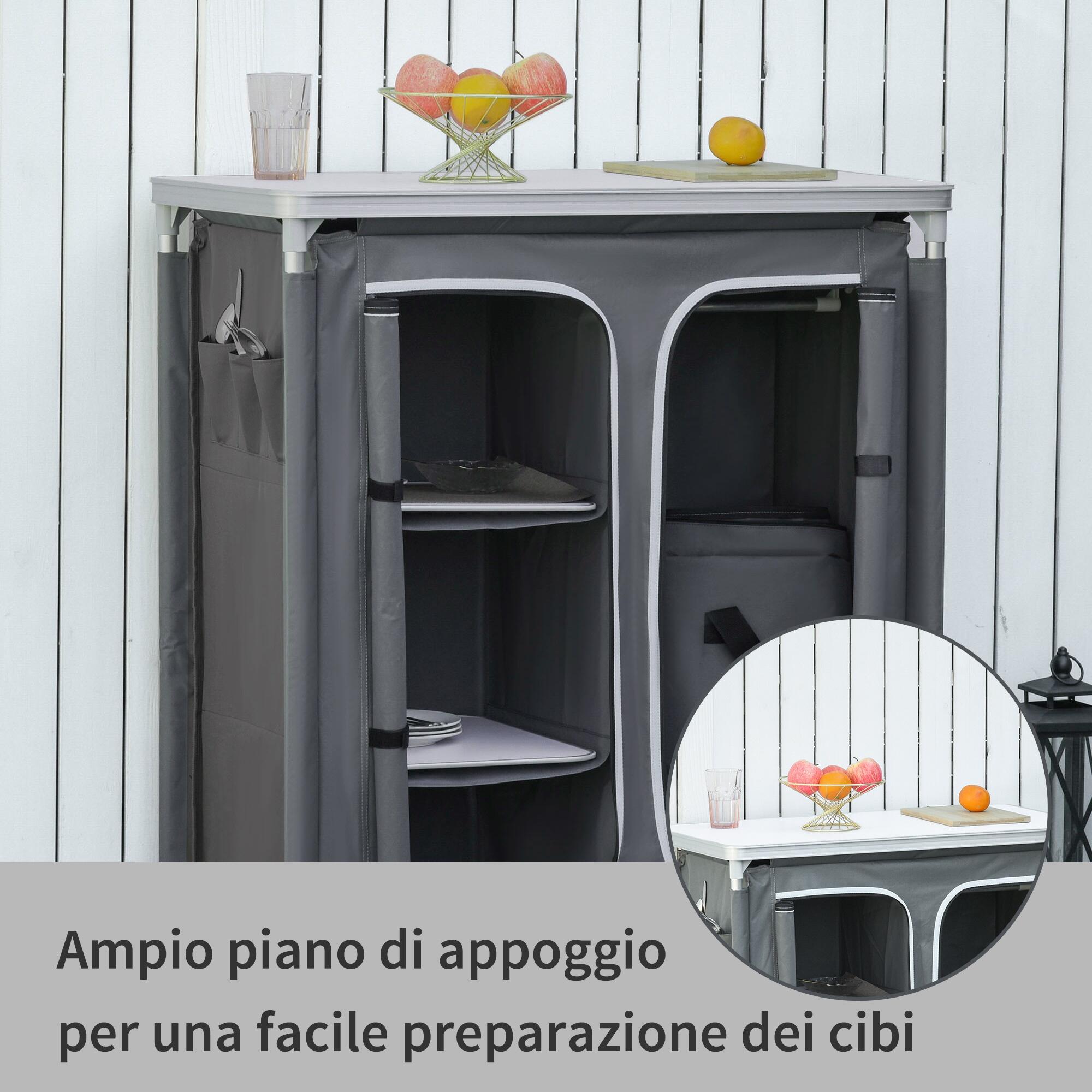 Outsunny Mobile Cucina da Campeggio con 3 Mensole e Sacca di Trasporto Grigio 5/5
