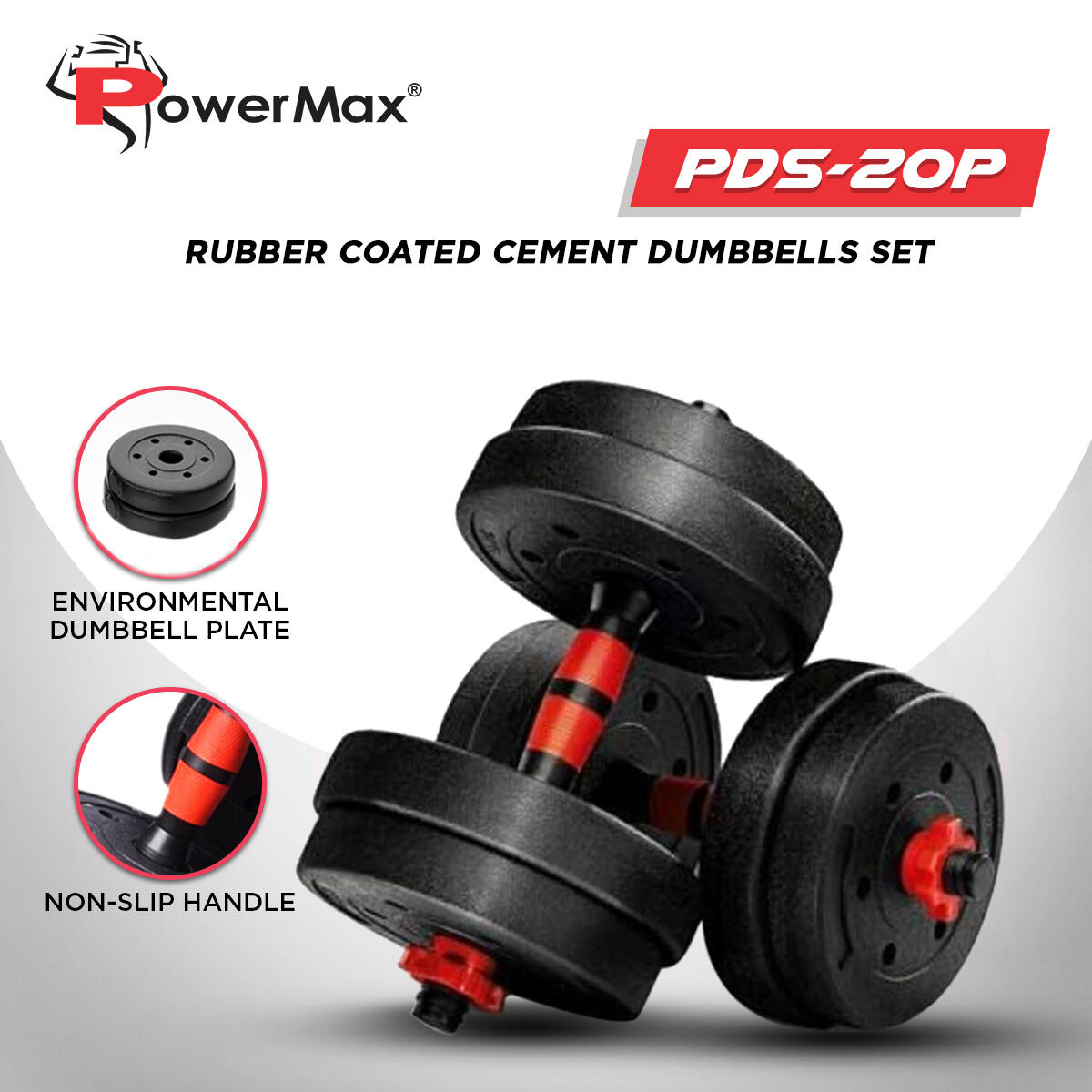 PowerMax Fitness PDS-20P 20Kg Adjustable Dumbbell Set - Coated Iron Dumbbell and Anti-Slip Rod Set For Home Workout with Carry Case