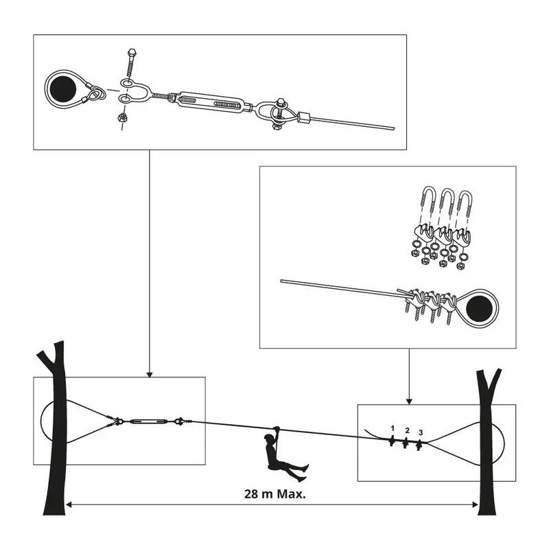 France Trampoline Tyrolienne Frog 28m | Kit Complet Câble Acier - Jusqu'à 110 Kg