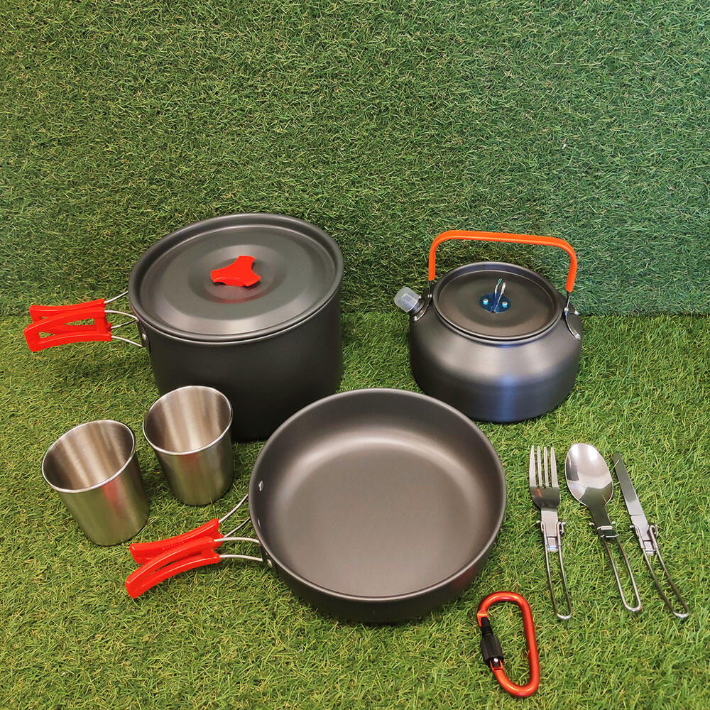 SENZA MARCA Set de olla y sartén con mangos plegables, hervidor, vasos y cubiertos - Tekson