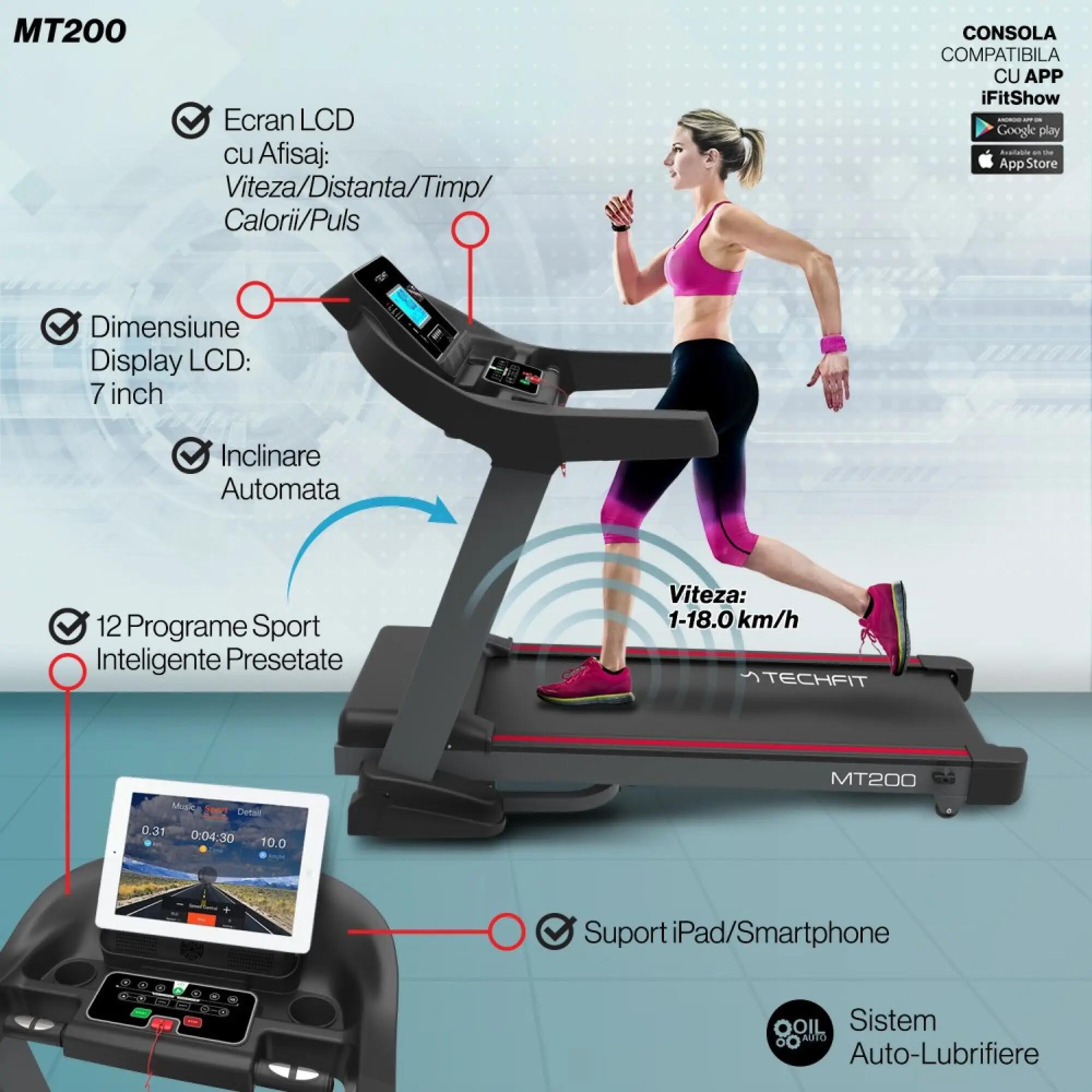 Banda de alergare TECHFIT® MT200, 5 cai, Viteza 18 km/h, Utilizator 150 Kg 3/5
