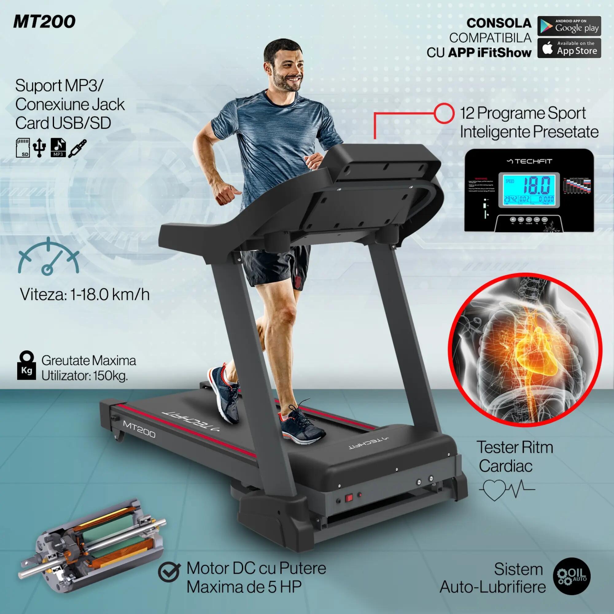 Banda de alergare TECHFIT® MT200, 5 cai, Viteza 18 km/h, Utilizator 150 Kg 2/5