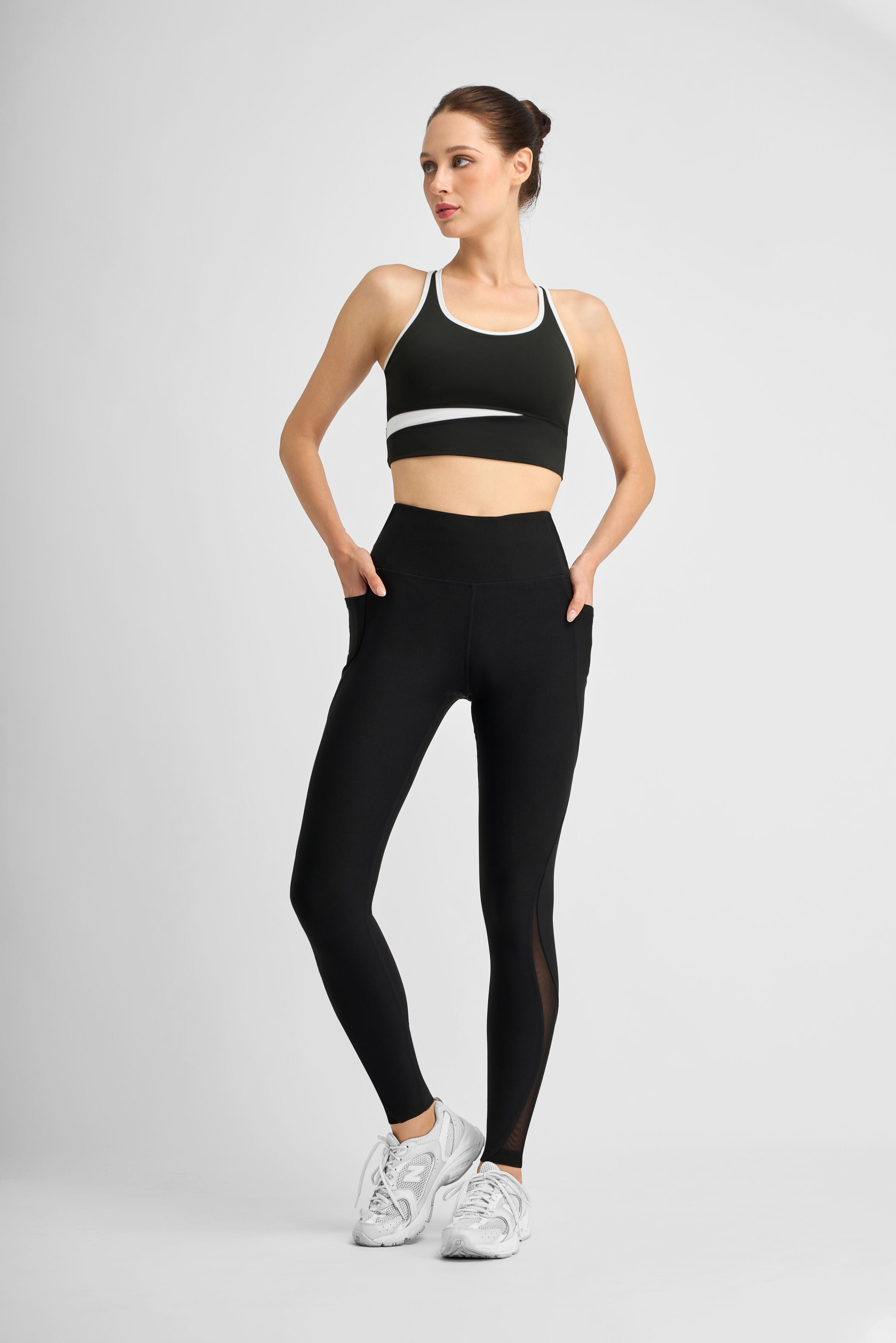 Damen mesh Leggings lang mit Handy-Taschen-Hüfttasche für Smartphone-schwarz 5/7