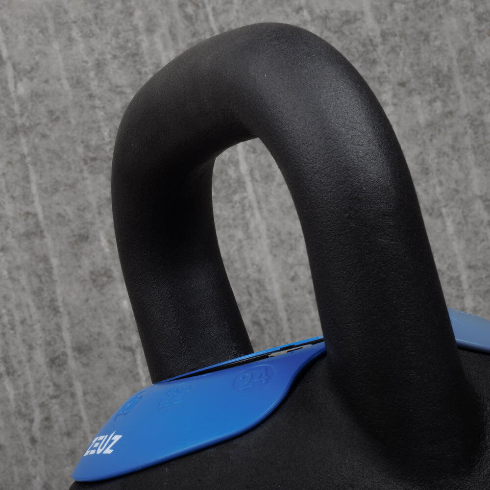 Kettlebell ajustable ZEUZ 16, 18, 20, 22 et 24 kg – Fonte – Noir et bleu 6/7