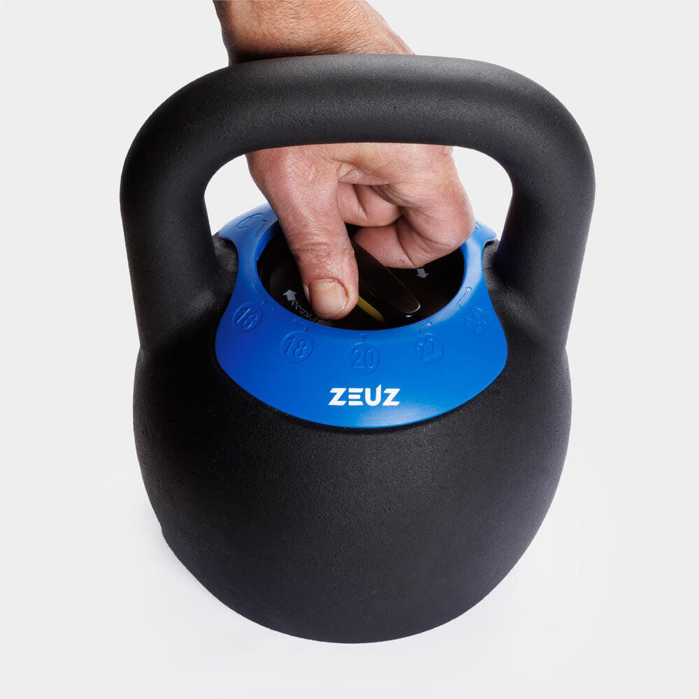 Kettlebell ajustable ZEUZ 16, 18, 20, 22 et 24 kg – Fonte – Noir et bleu 7/7