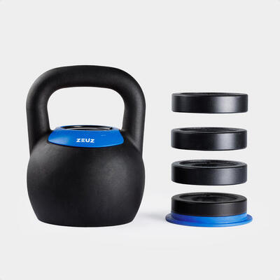 Zeuz verstelbare kettlebell 16. 18. 20. 22 & 24 kg – gietijzer – zwart & blauw