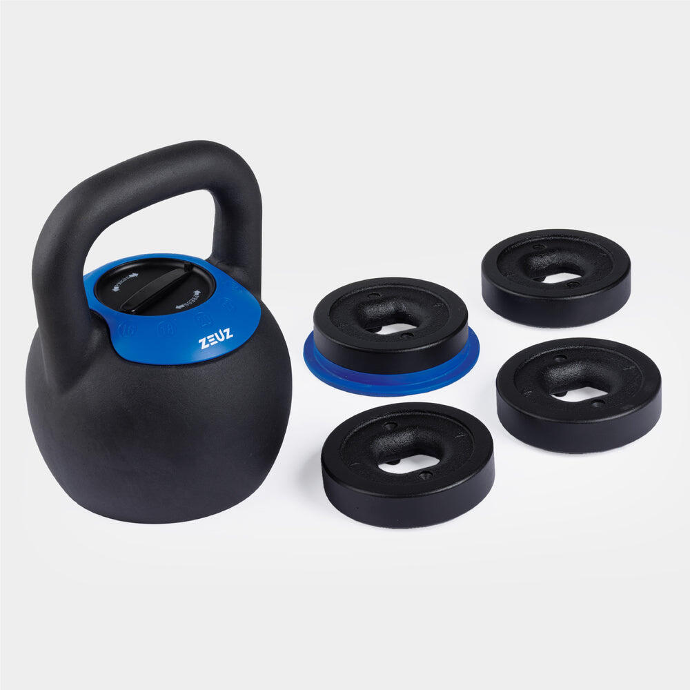 Kettlebell ajustable ZEUZ 16, 18, 20, 22 et 24 kg – Fonte – Noir et bleu 2/7