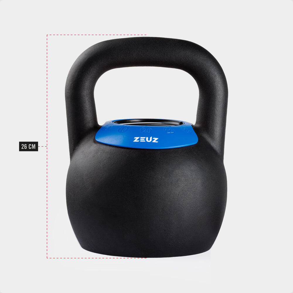 Kettlebell ajustable ZEUZ 16, 18, 20, 22 et 24 kg – Fonte – Noir et bleu 4/7