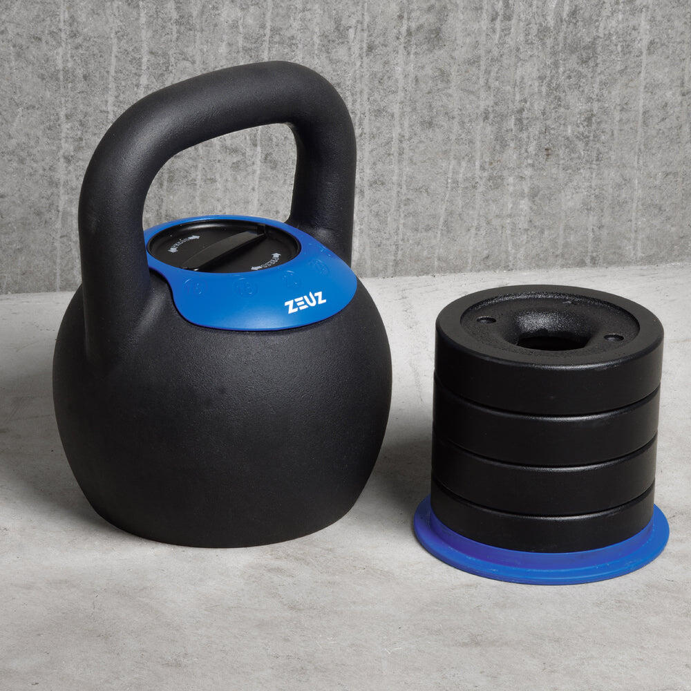 Kettlebell ajustable ZEUZ 16, 18, 20, 22 et 24 kg – Fonte – Noir et bleu 3/7