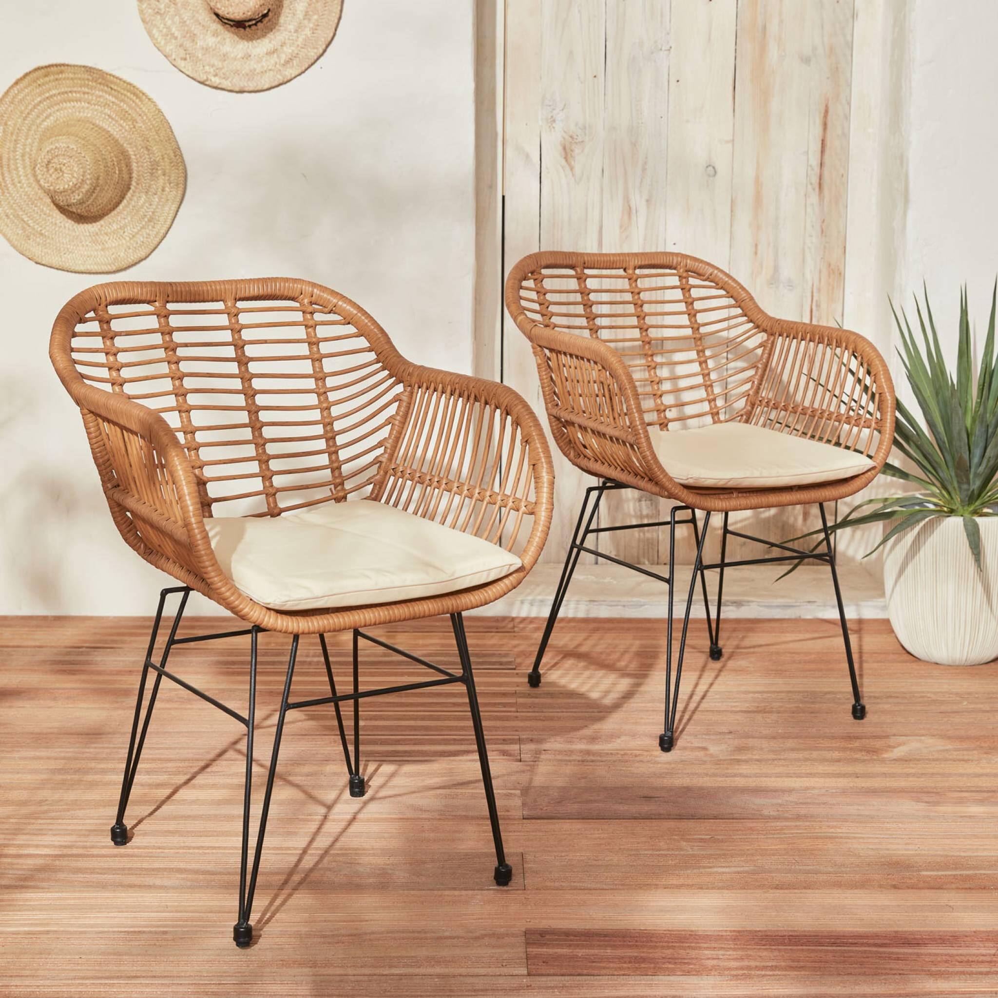 Sillón de resina de bambú y efecto metálico, set de 2, Beige 2/6