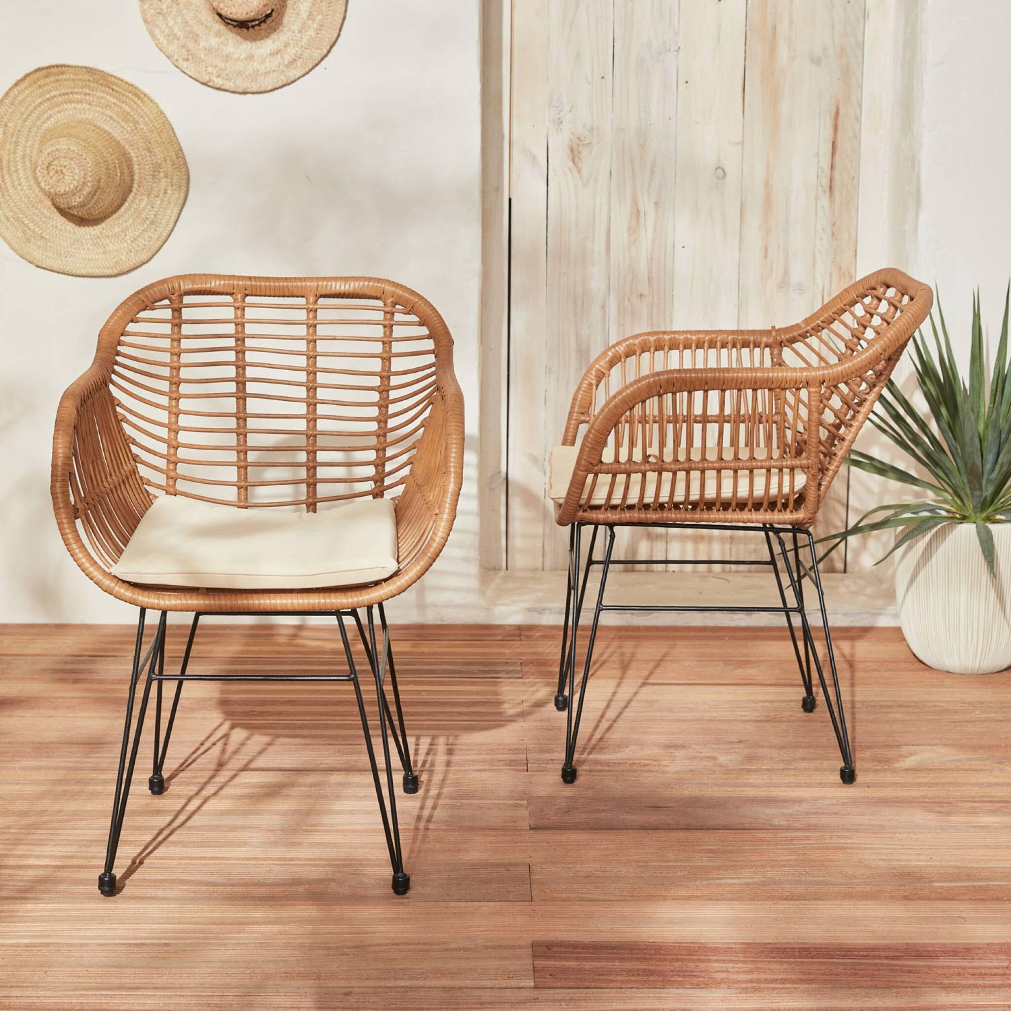 Sillón de resina de bambú y efecto metálico, set de 2, Beige 3/6