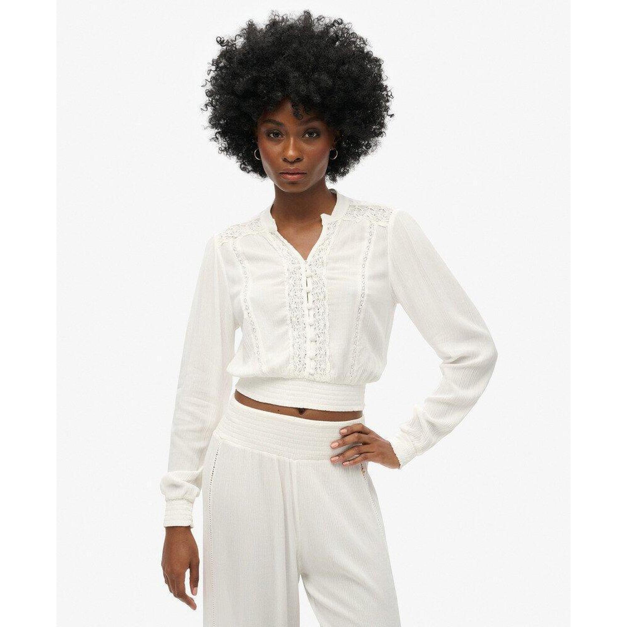 Superdry - Chemisier À Manches Longues Avec Bordure En Dentelle Smockée - Sous Pull - Blanc - Decathlon