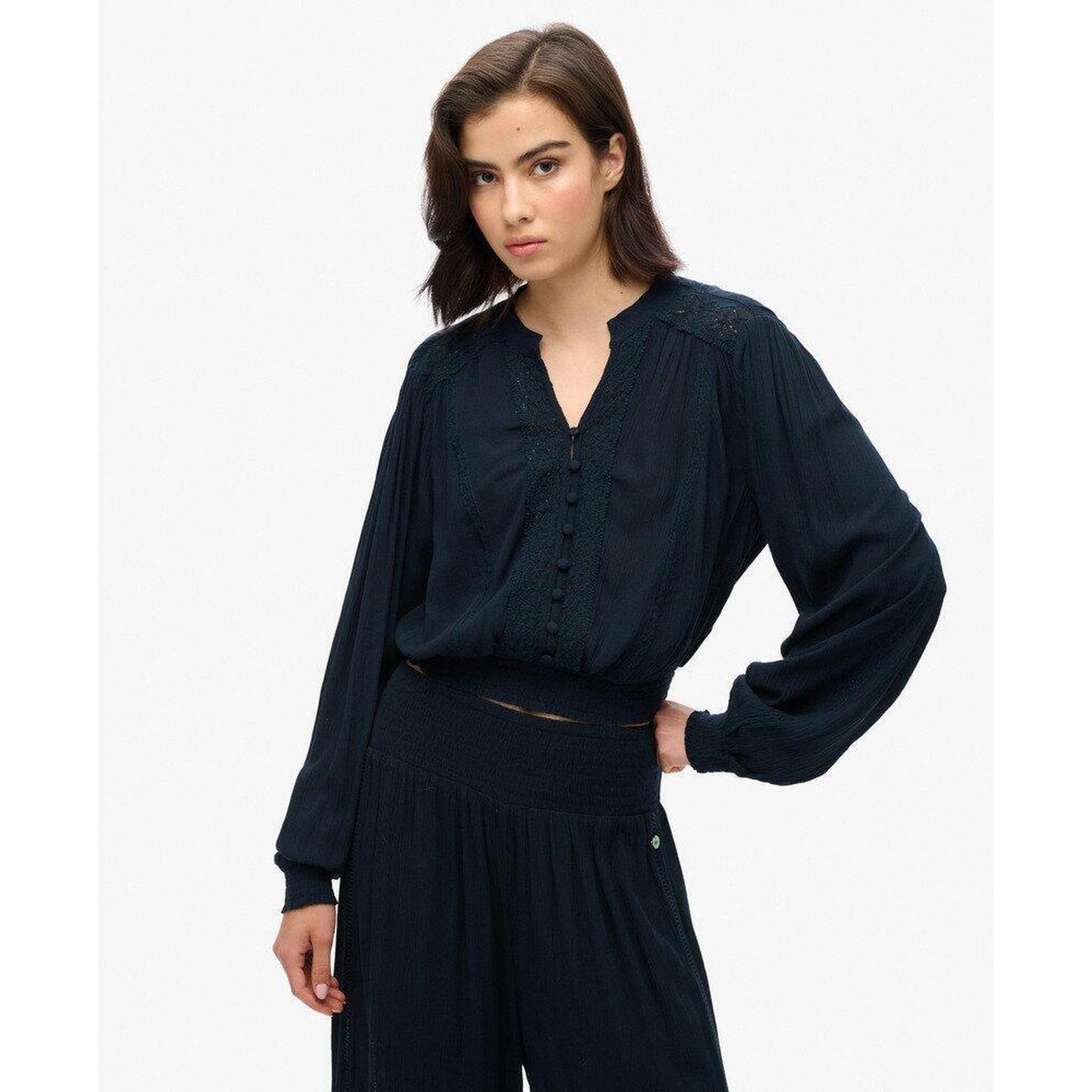 Superdry - Chemisier À Manches Longues Avec Bordure En Dentelle Smockée - Sous Pull - Bleu - Decathlon