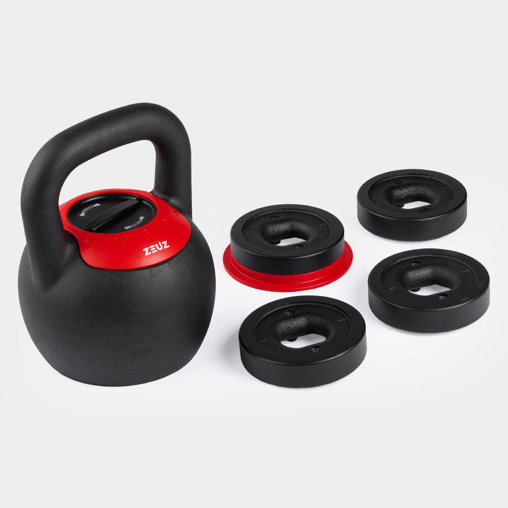 Kettlebell regolabile ZEUZ da 8, 10, 12, 14 e 16 kg – Ghisa – Nero e Rosso 2/7