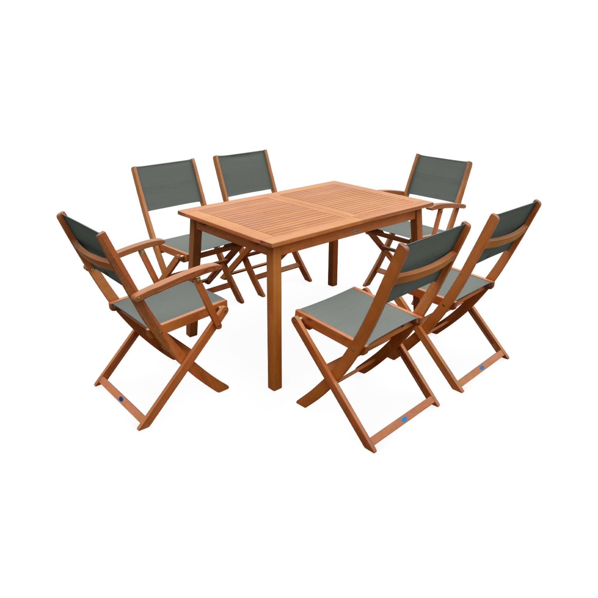 Mesa de jardim extensível em madeira, 6 cadeiras, Verde caqui 4/5
