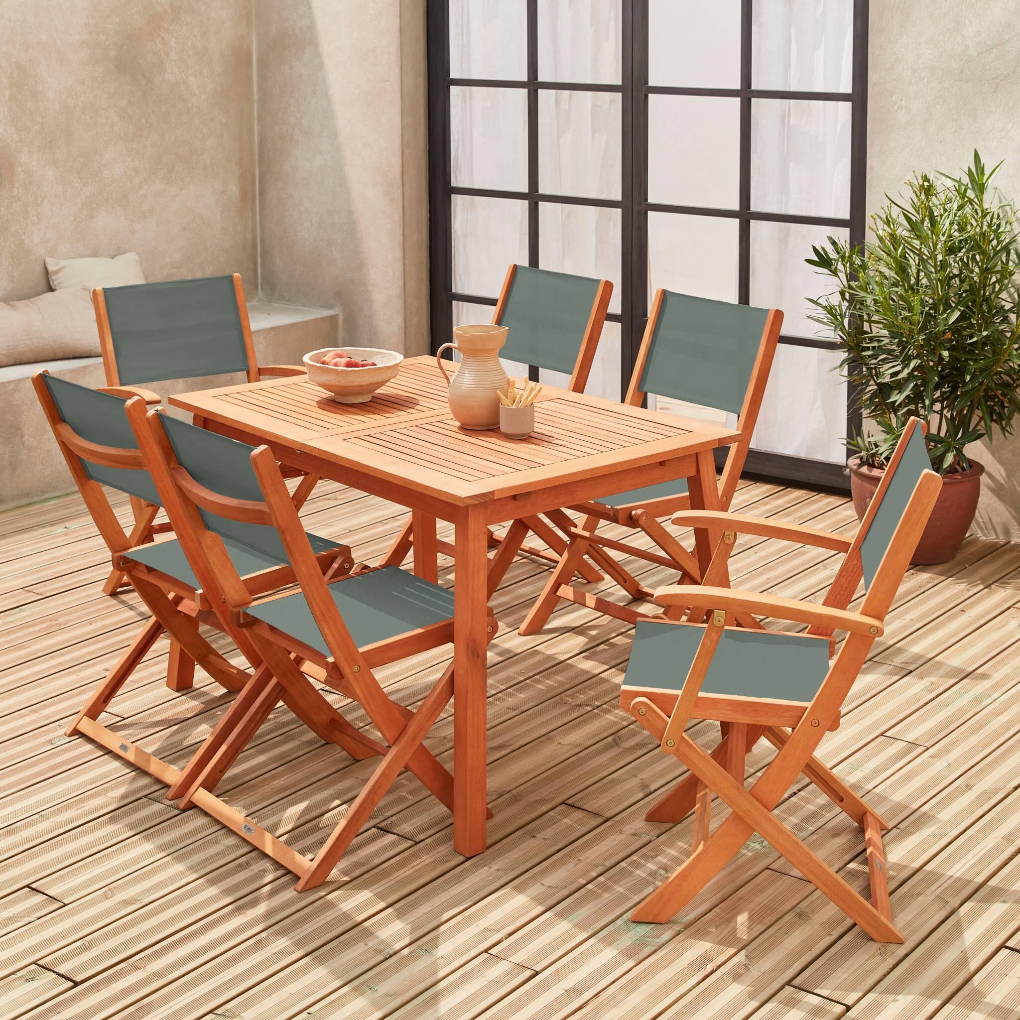 Mesa de jardim extensível em madeira, 6 cadeiras, Verde caqui 3/5