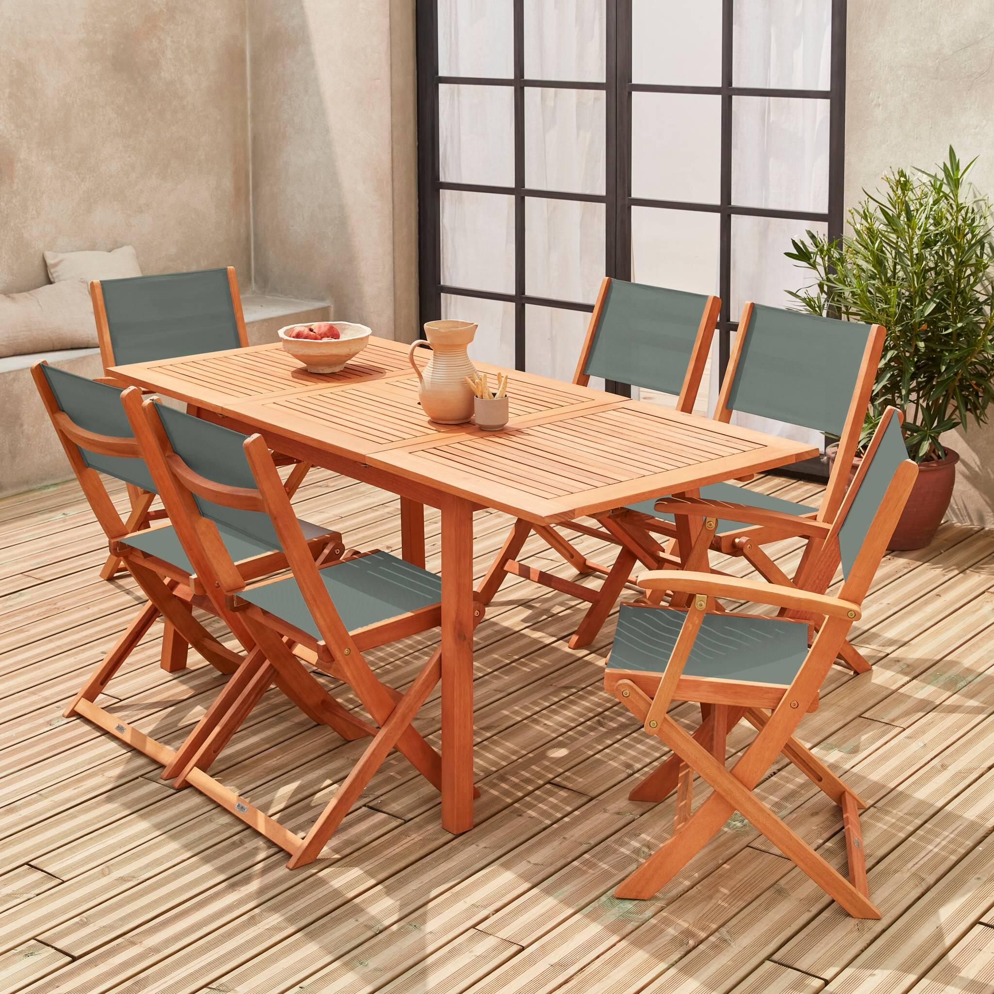 Mesa de jardim extensível em madeira, 6 cadeiras, Verde caqui 2/5