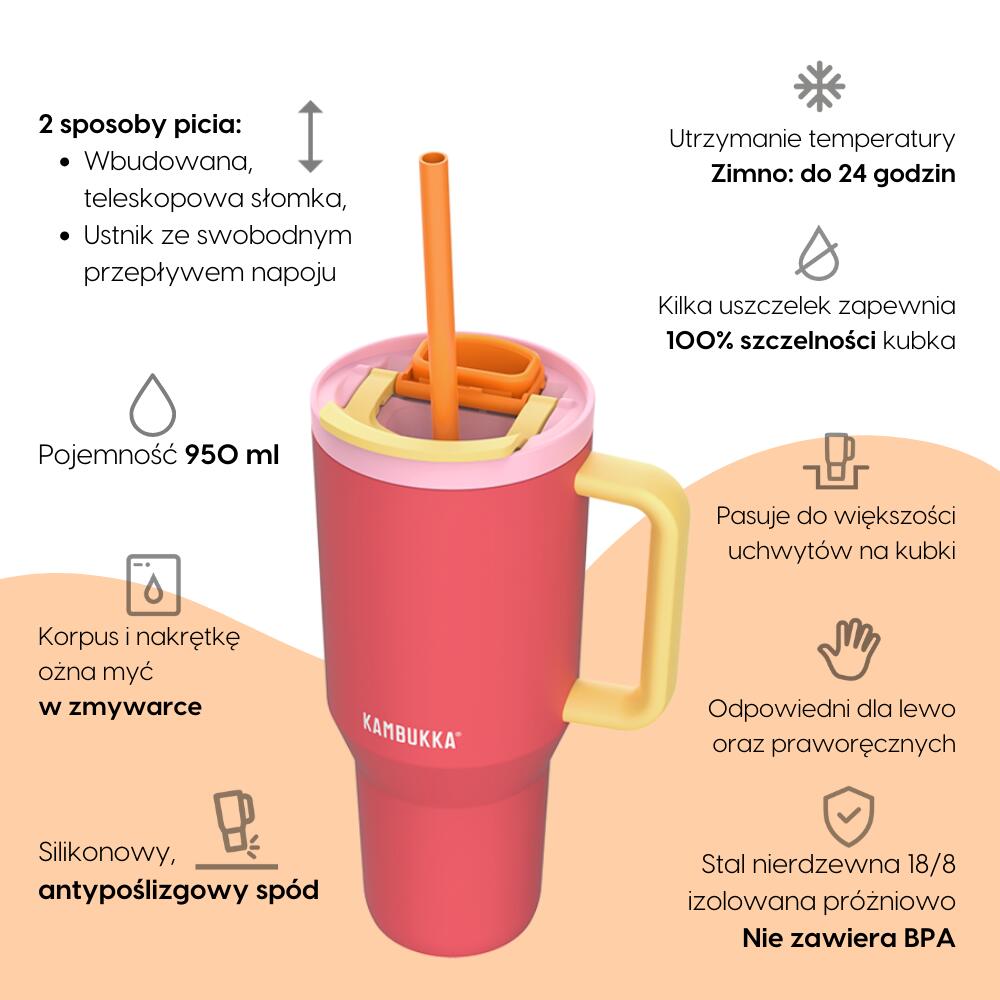 Kubek termiczny ze słomką termos podróżny Kambukka Rio 950ml - Pink Papaya 2/7