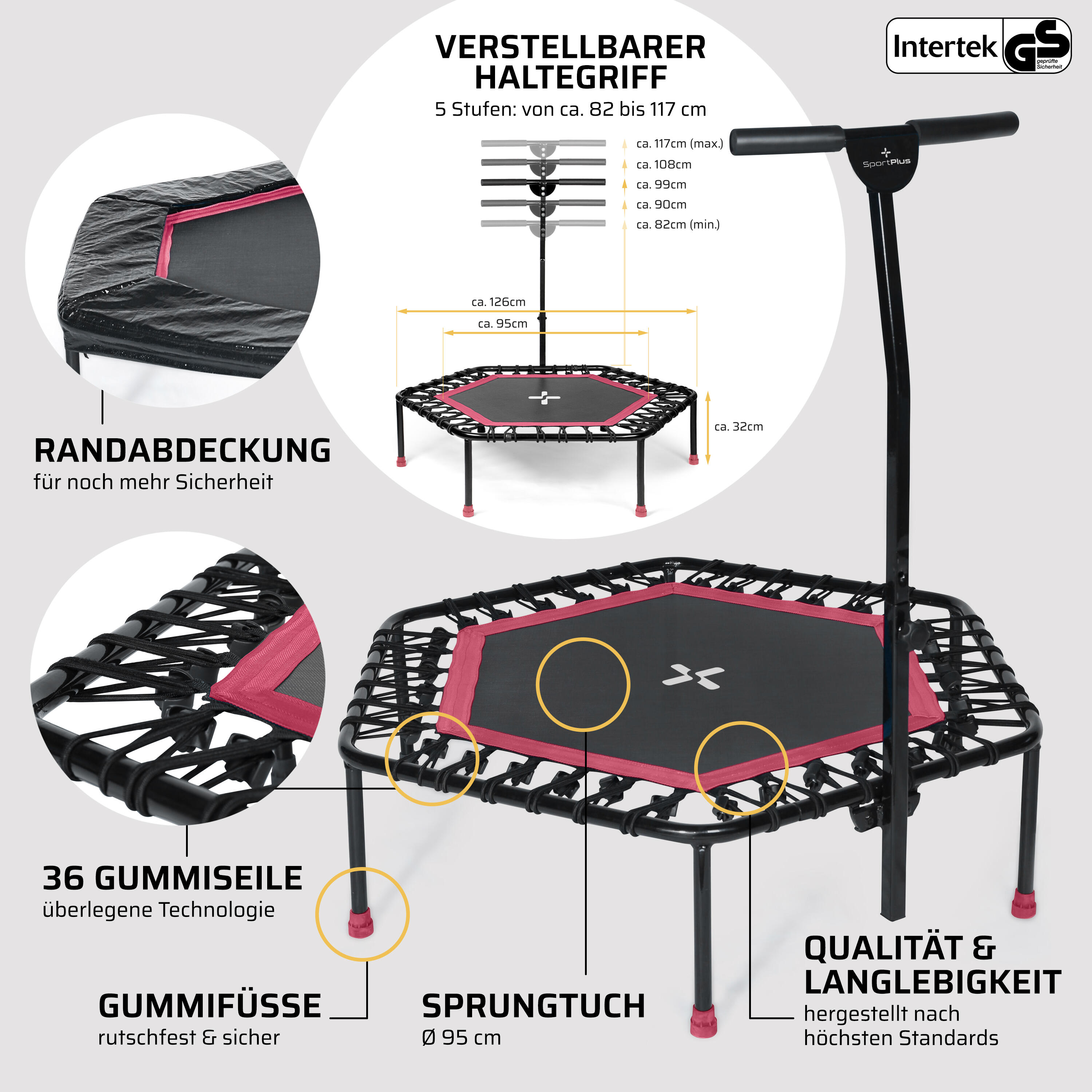 Trampoline de fitness SportPlus avec barre de maintien 3/7
