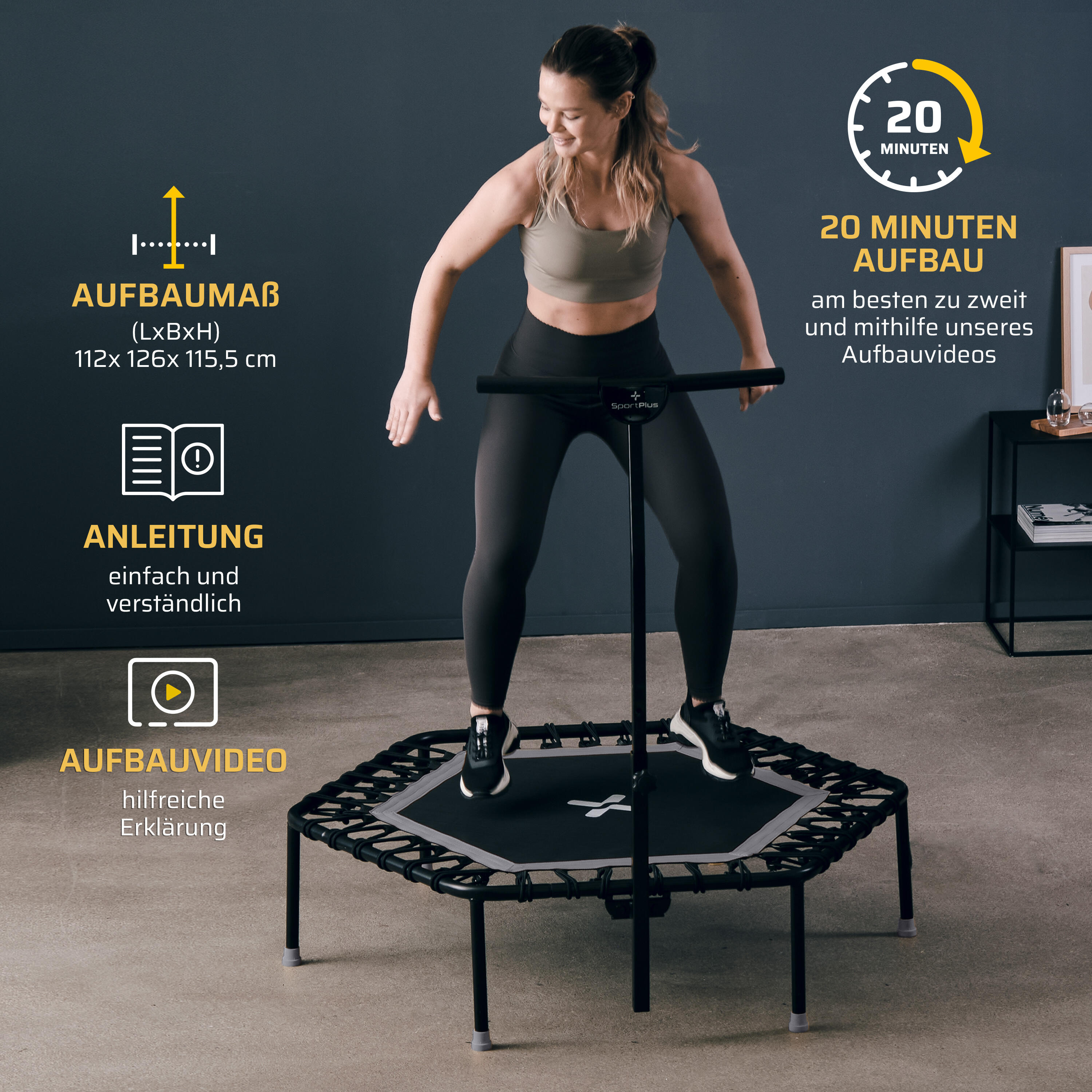 Trampoline de fitness SportPlus avec barre de maintien, jusqu’à 100 kg 6/7