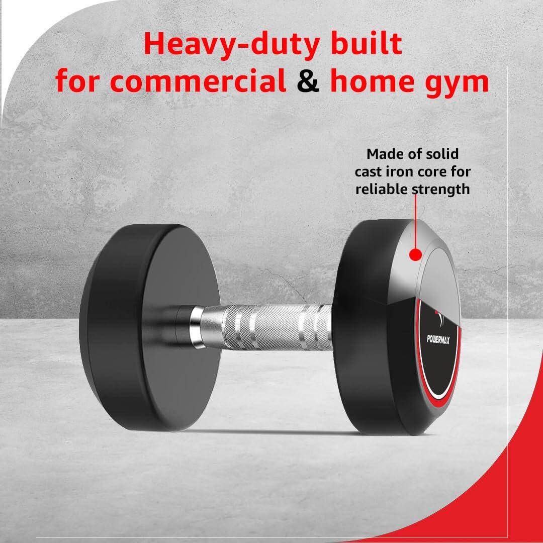 PowerMax Fitness Rubber Coated Round Dumbbells 17.5kg pair for home-gym use -  4