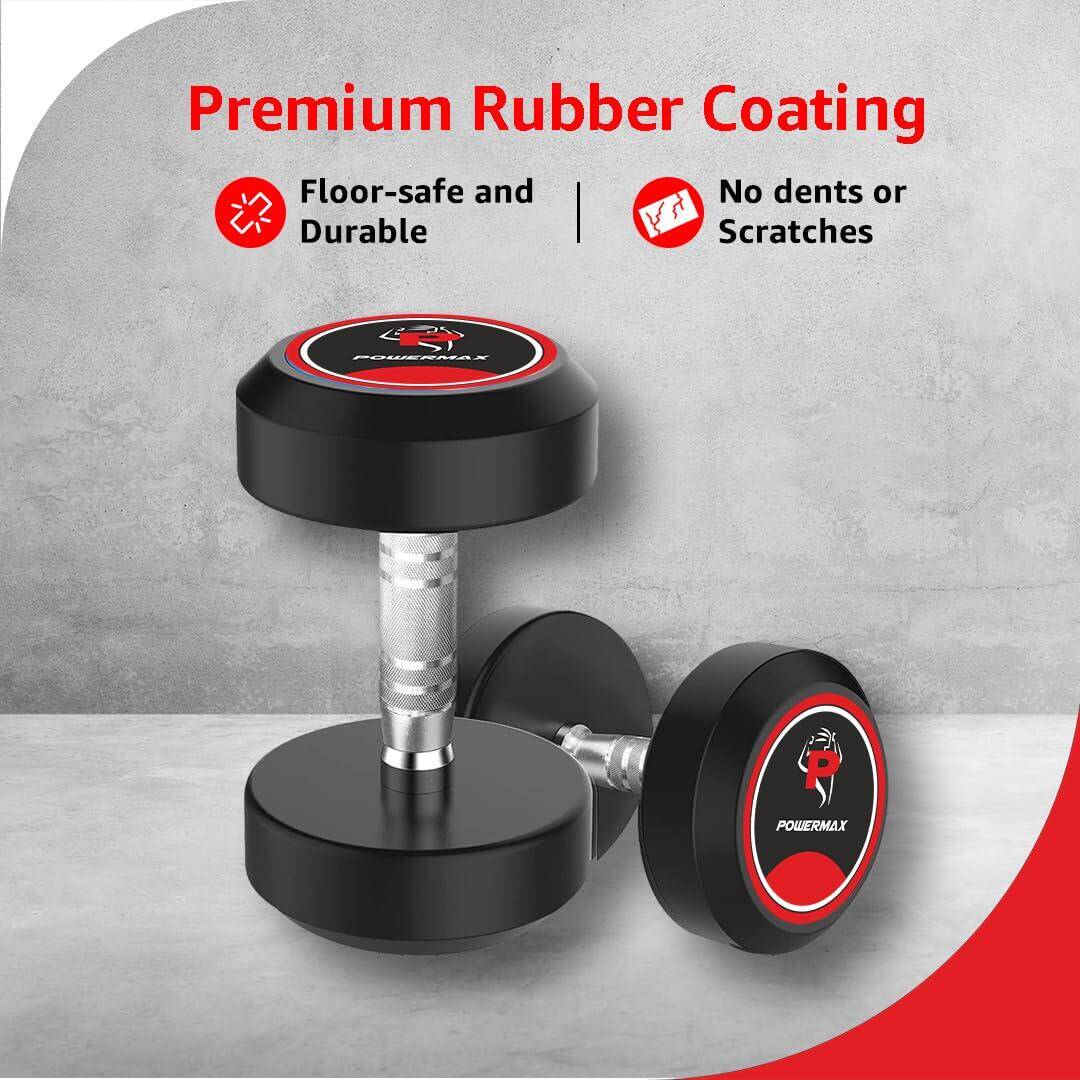 PowerMax Fitness Rubber Coated Round Dumbbells 17.5kg pair for home-gym use -  5