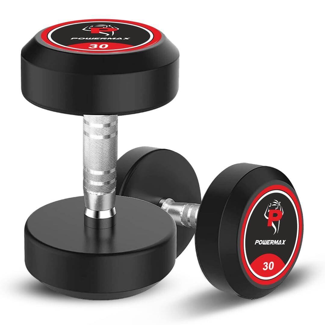 PowerMax Fitness Rubber Coated Round Dumbbells 30kg pair for home-gym use -  1