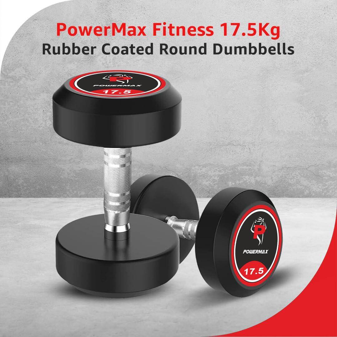 PowerMax Fitness Rubber Coated Round Dumbbells 17.5kg pair for home-gym use -  2