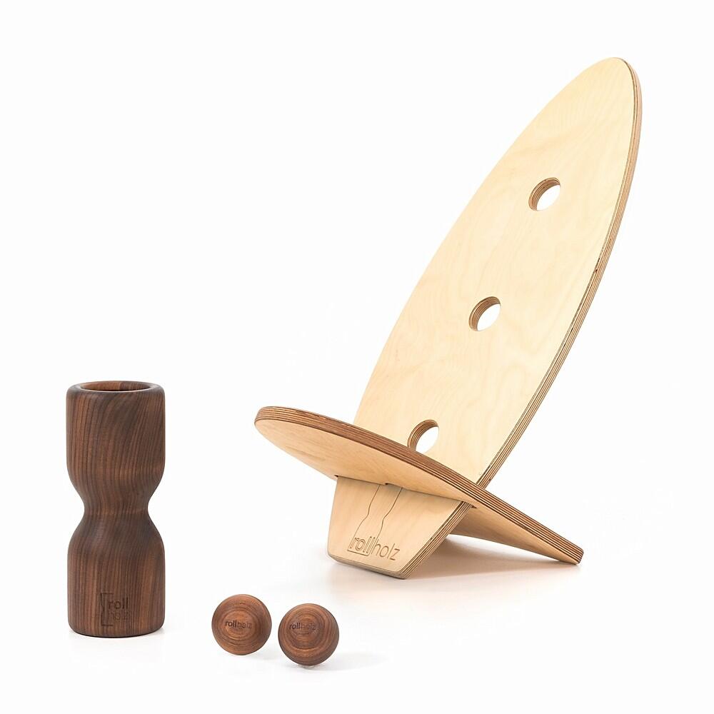 ROLLHOLZ Balance Board Set klein Walnuss helles Brett Handmade in Germany - ROLLHOLZ