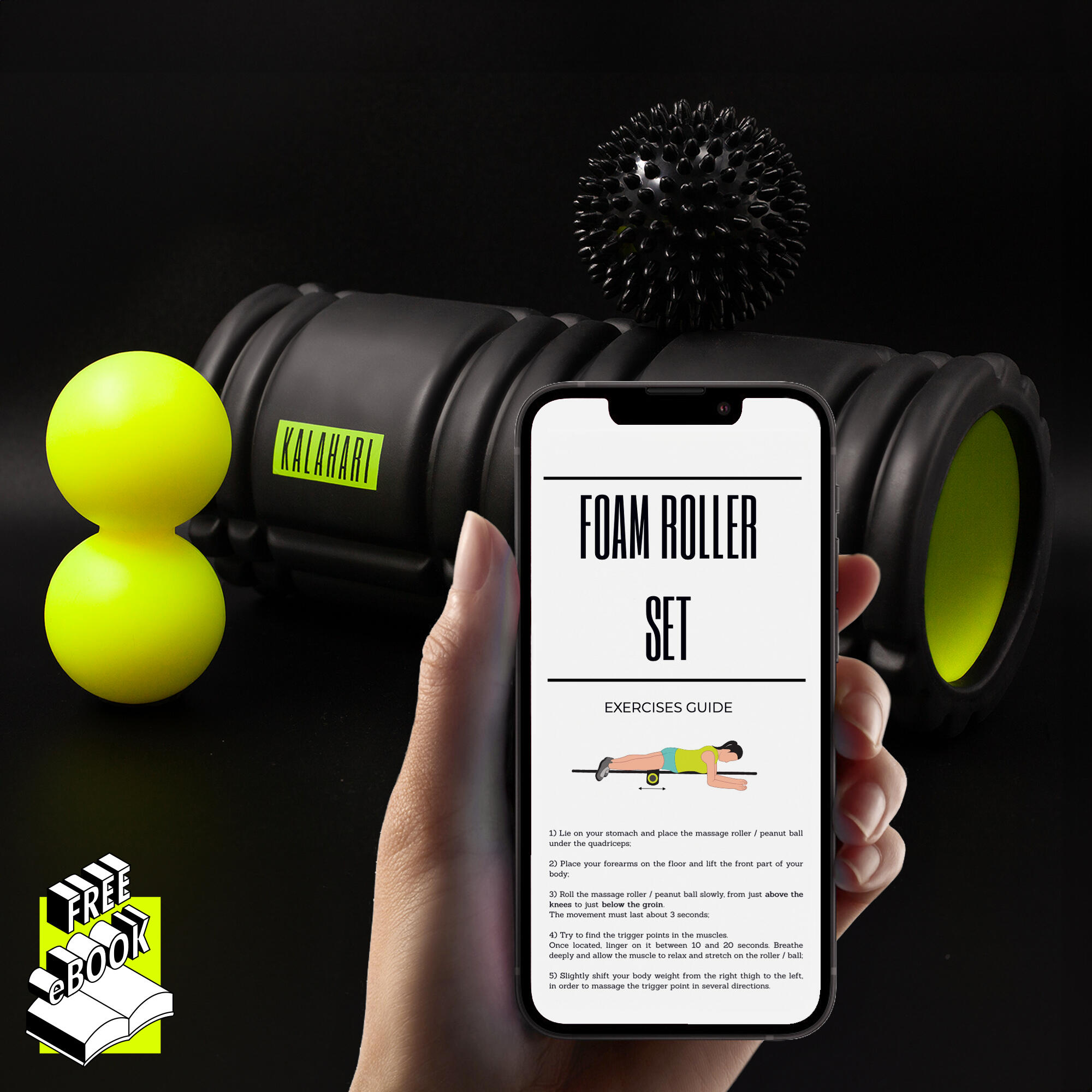 KALAHARI 4 WELLNESS Sada Foam Roller 3 v 1, Masážní válec, dvojitý míček a ježek