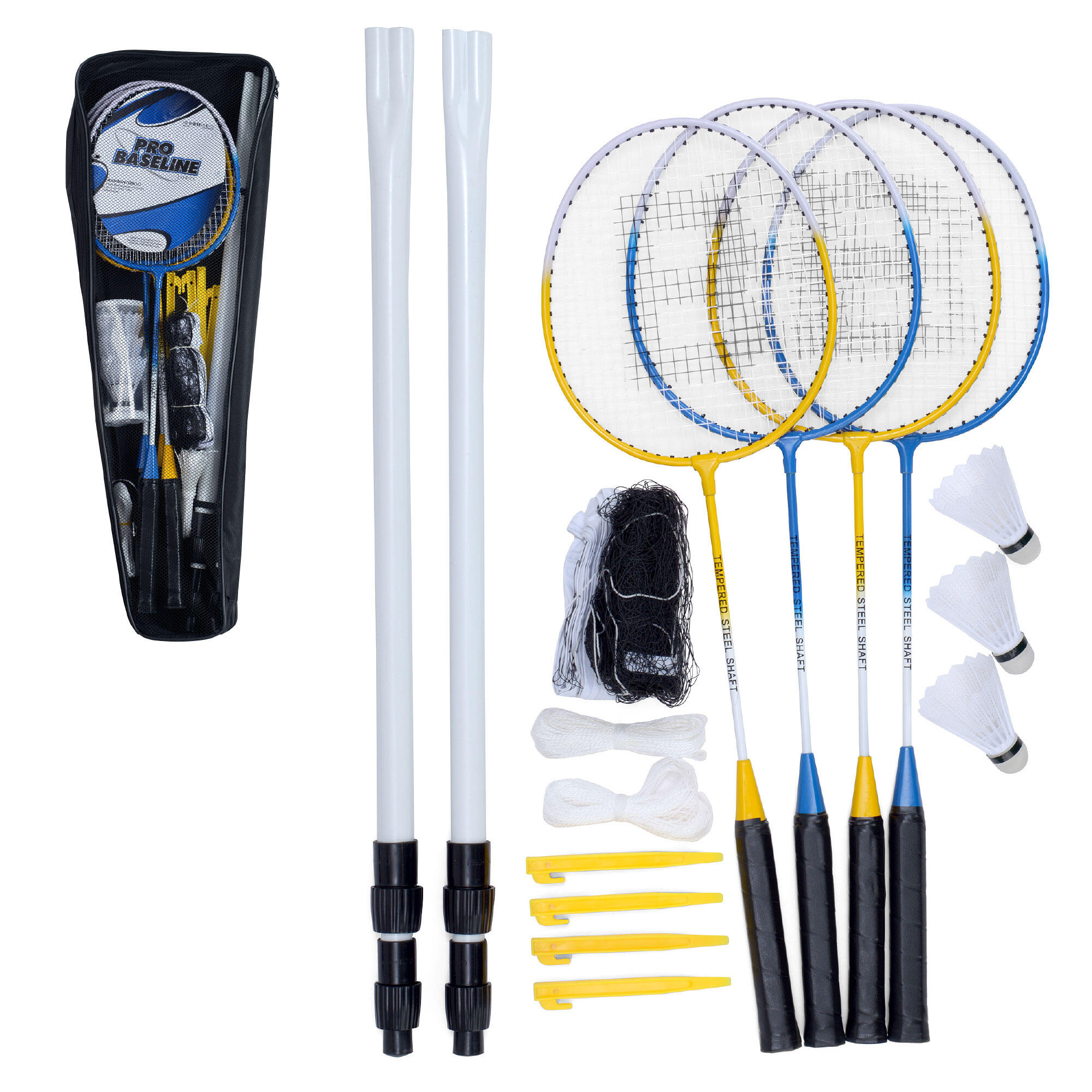 TOYRIFIC Baseline 4 Player Badminton Set, Rackets, Shuttlecocks, Net, Poles, Blue/Yellow
