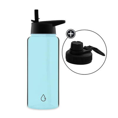 Move waterfles lichtblauw transparant 1 liter - dop met rietje en sportdop