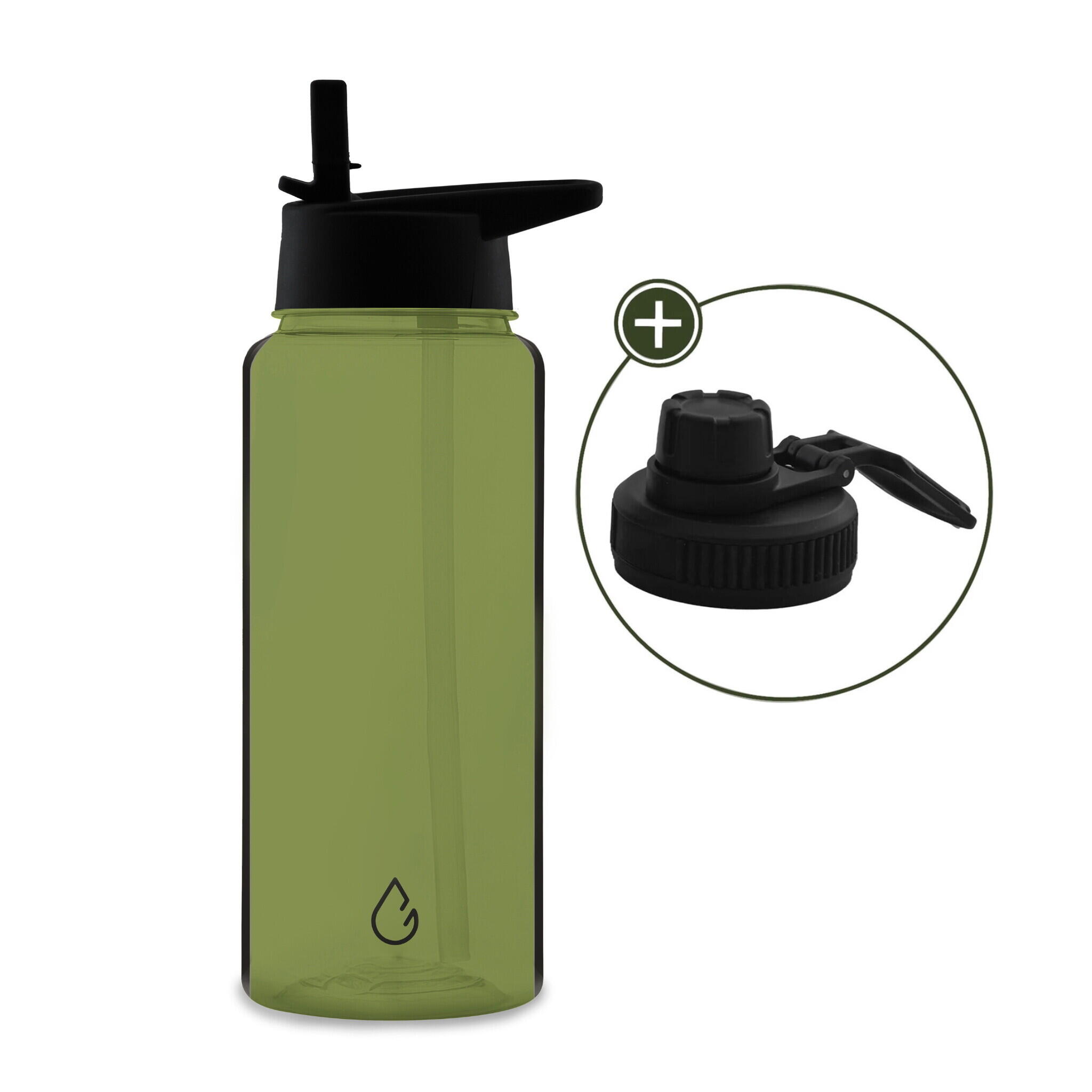 WATTAMULA MOVE waterfles olijfgroen transparant 1 liter - dop met rietje en sportdop