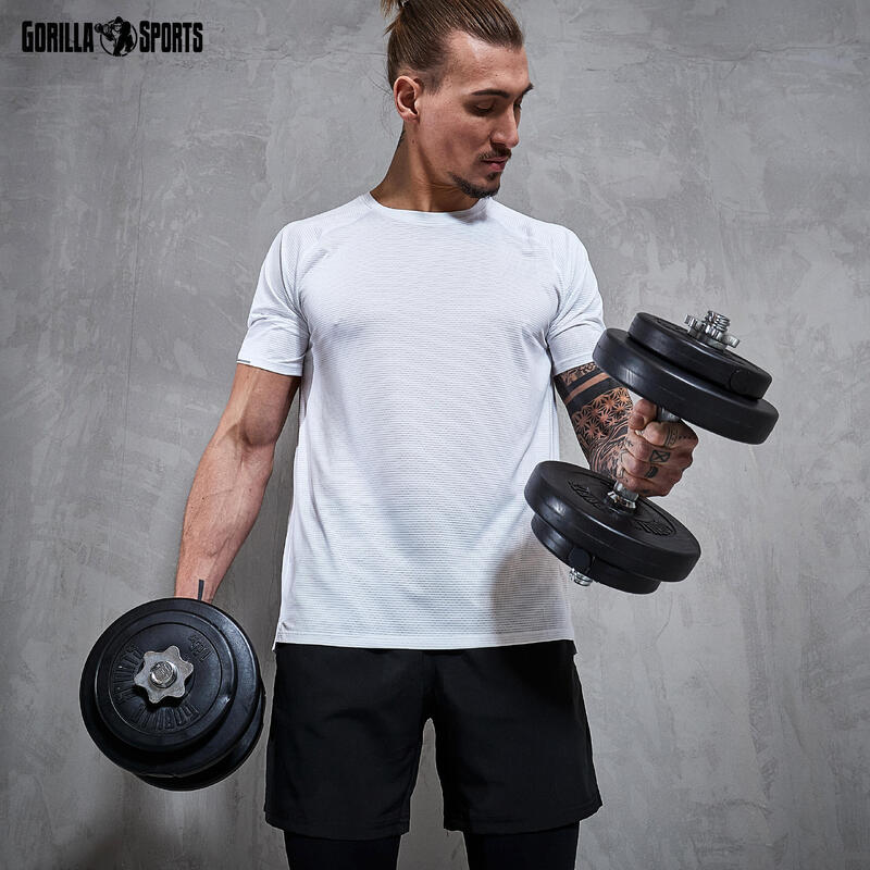 SET D'HALTÈRES 70KG AVEC DISQUES PLASTIQUES + BARRE LONGUE 170CM | MUSCULATION