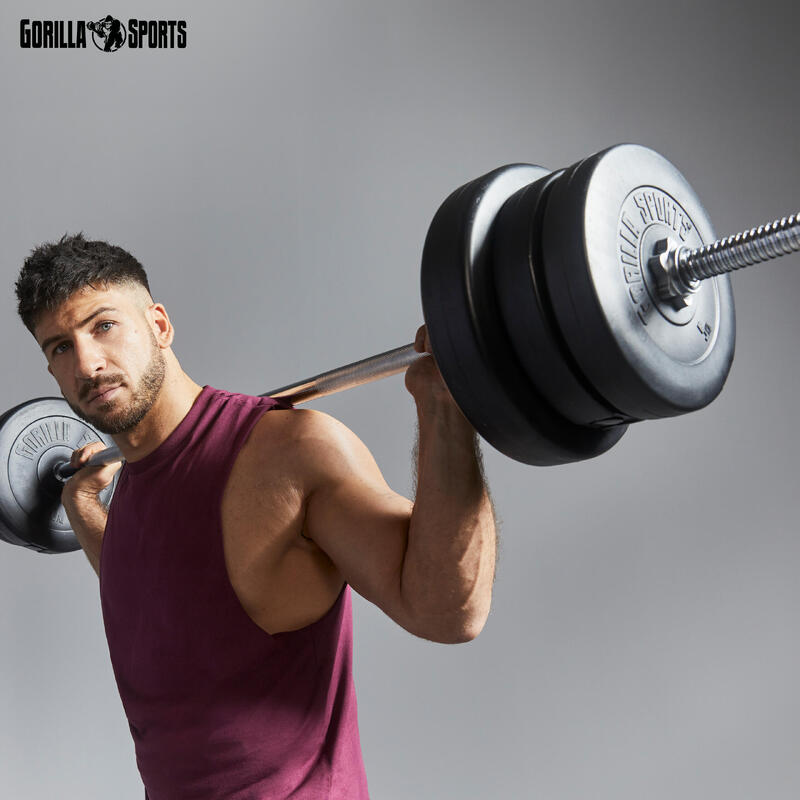SET D'HALTÈRES 70KG AVEC DISQUES PLASTIQUES + BARRE LONGUE 170CM | MUSCULATION
