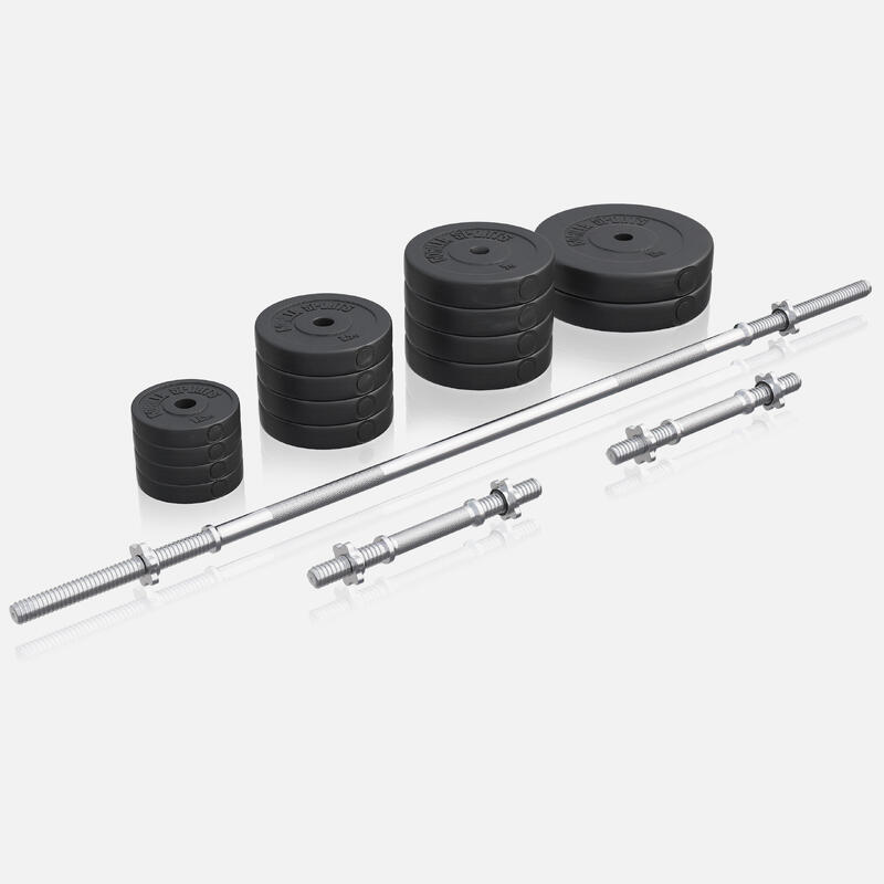 SET D'HALTÈRES 70KG AVEC DISQUES PLASTIQUES + BARRE LONGUE 170CM | MUSCULATION
