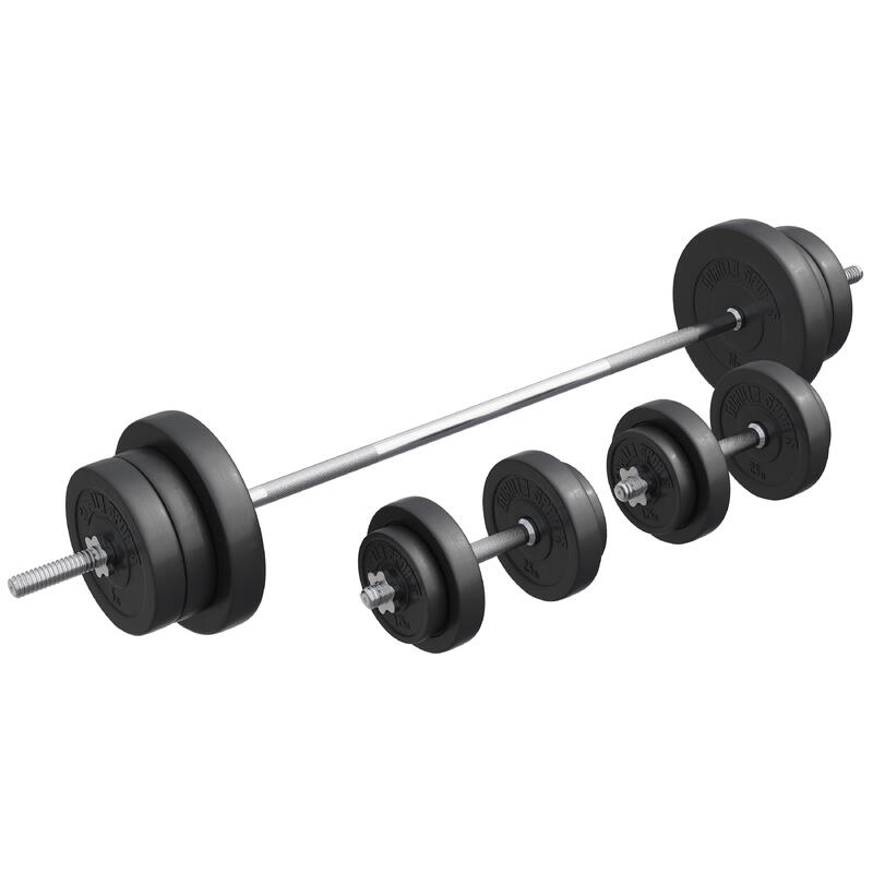 SET D'HALTÈRES 70KG AVEC DISQUES PLASTIQUES + BARRE LONGUE 170CM | MUSCULATION