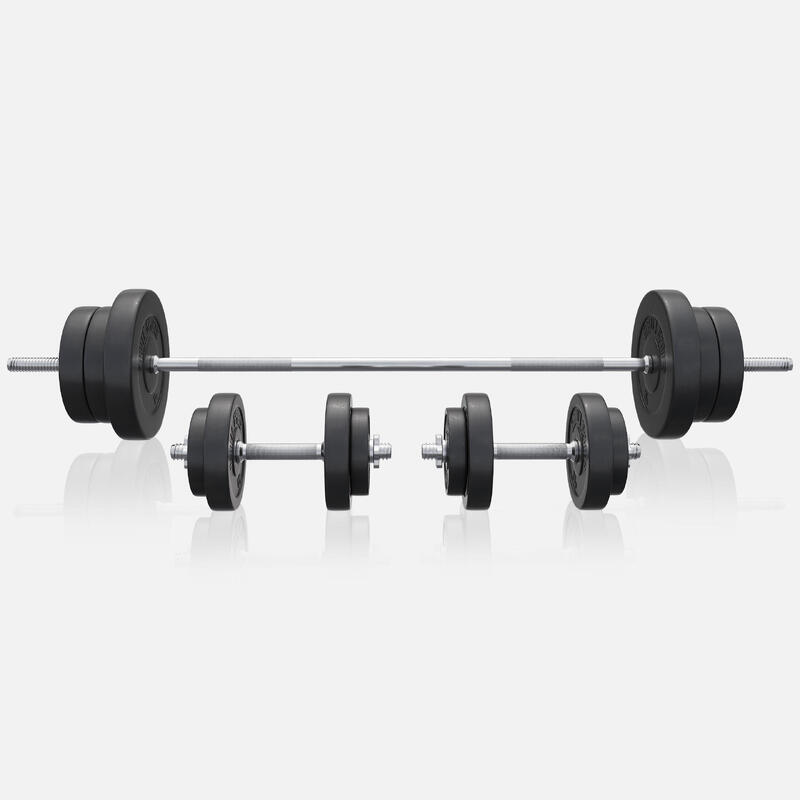 SET D'HALTÈRES 70KG AVEC DISQUES PLASTIQUES + BARRE LONGUE 170CM | MUSCULATION