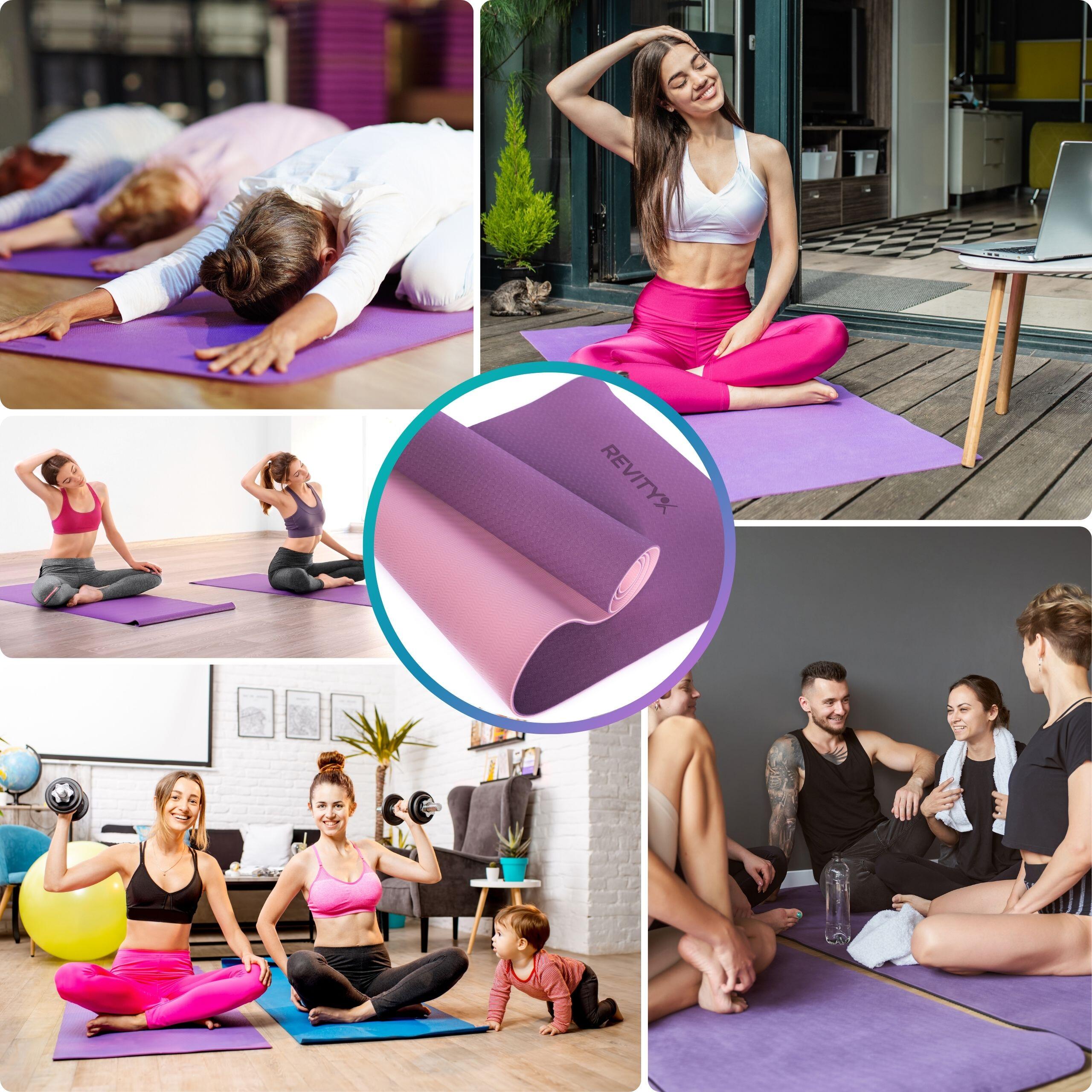 Tapis fitness yoga pilates 183×61×0,6 cm, sangle, guide d’exercicesPDF Revity 5/7