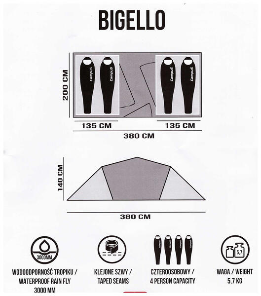 Tente de camping Campus Bigello pour 4 personnes, avec deux chambres à coucher 2/5