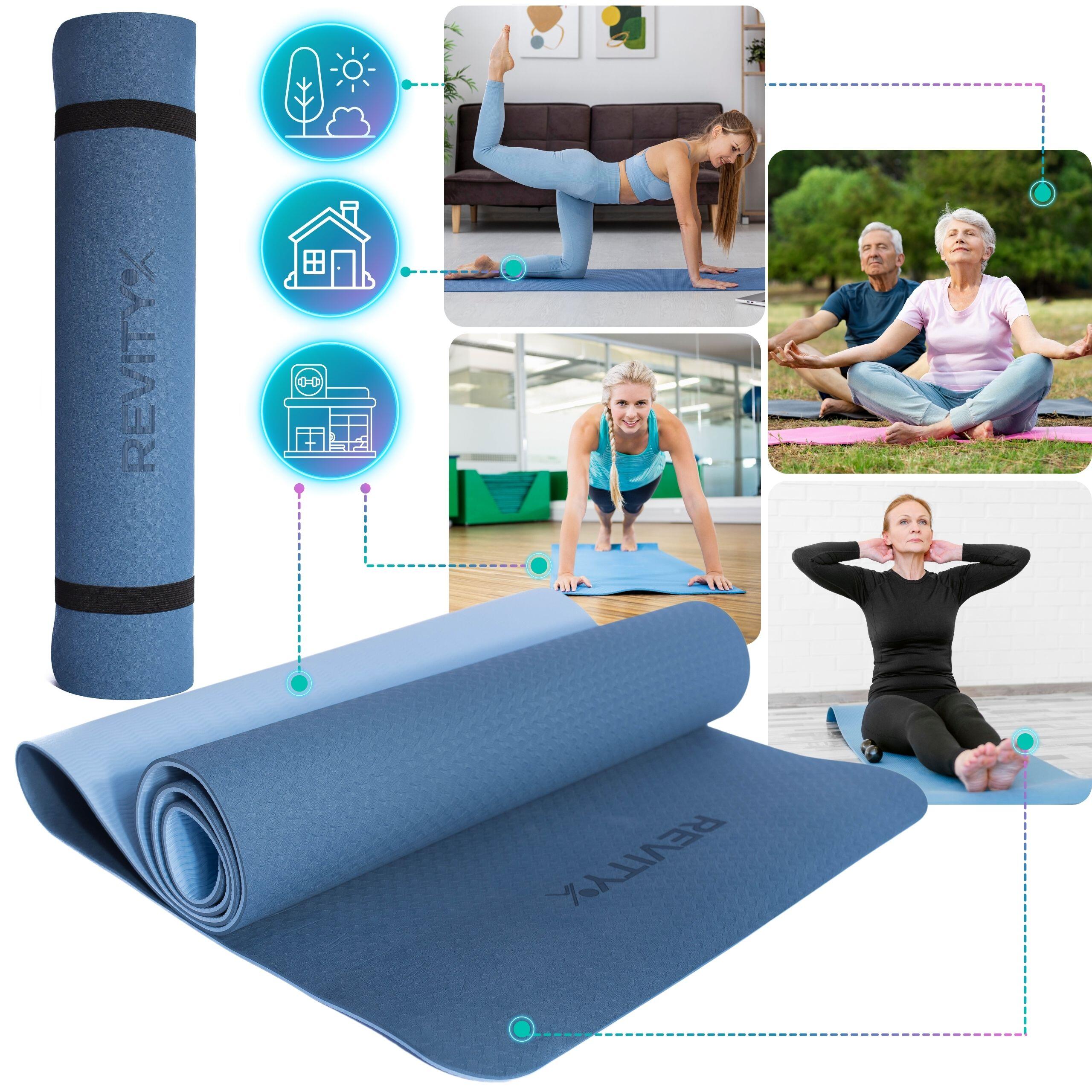 Mata do ćwiczeń jogi pilatesu fitness Revity niebieska 183 x 61 x 0.6 cm