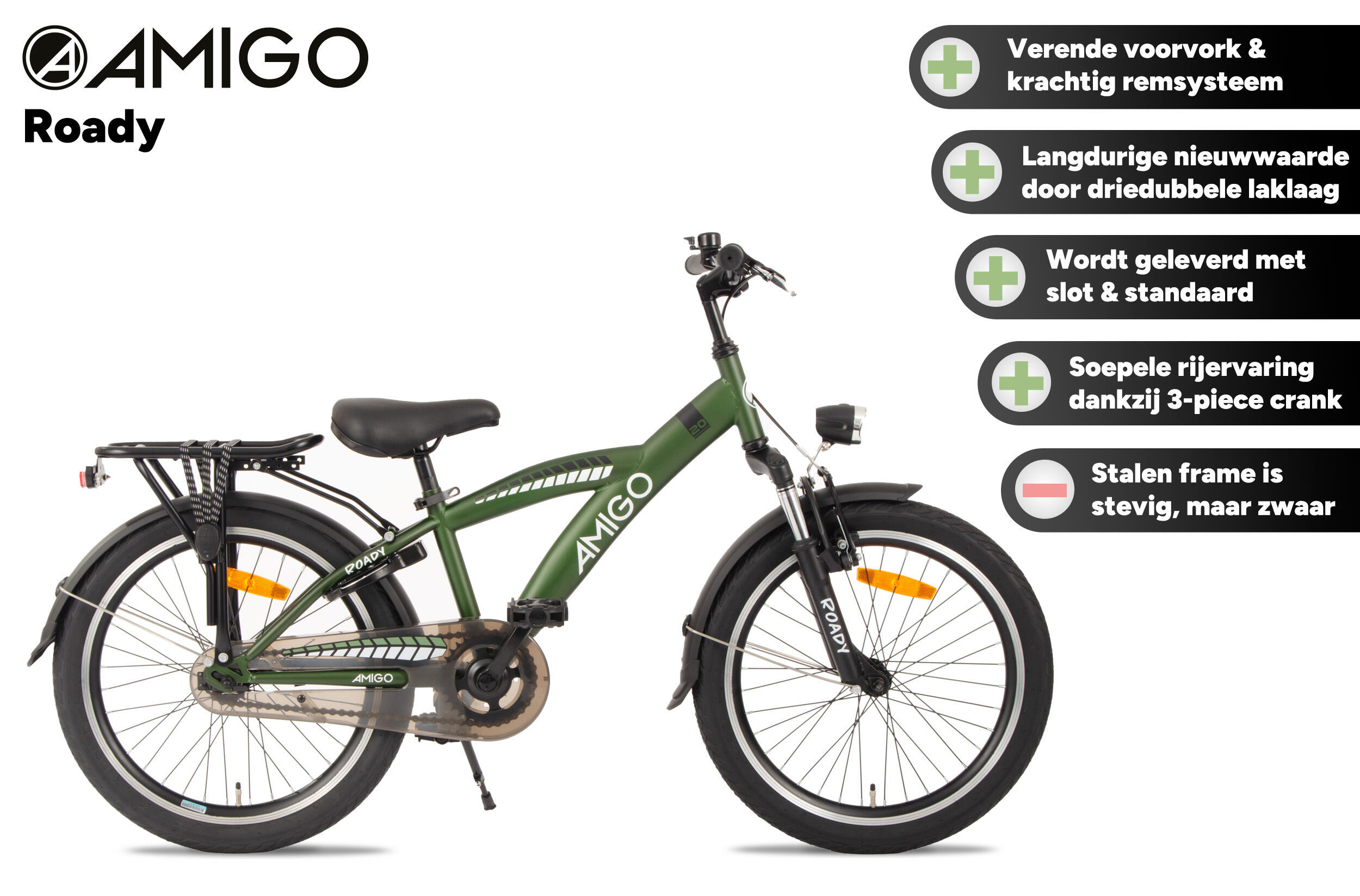 Vélo Enfant Garçon 20 Pouces - Frein à Rétropédalage, Vert Armée - 6 à 8 Ans