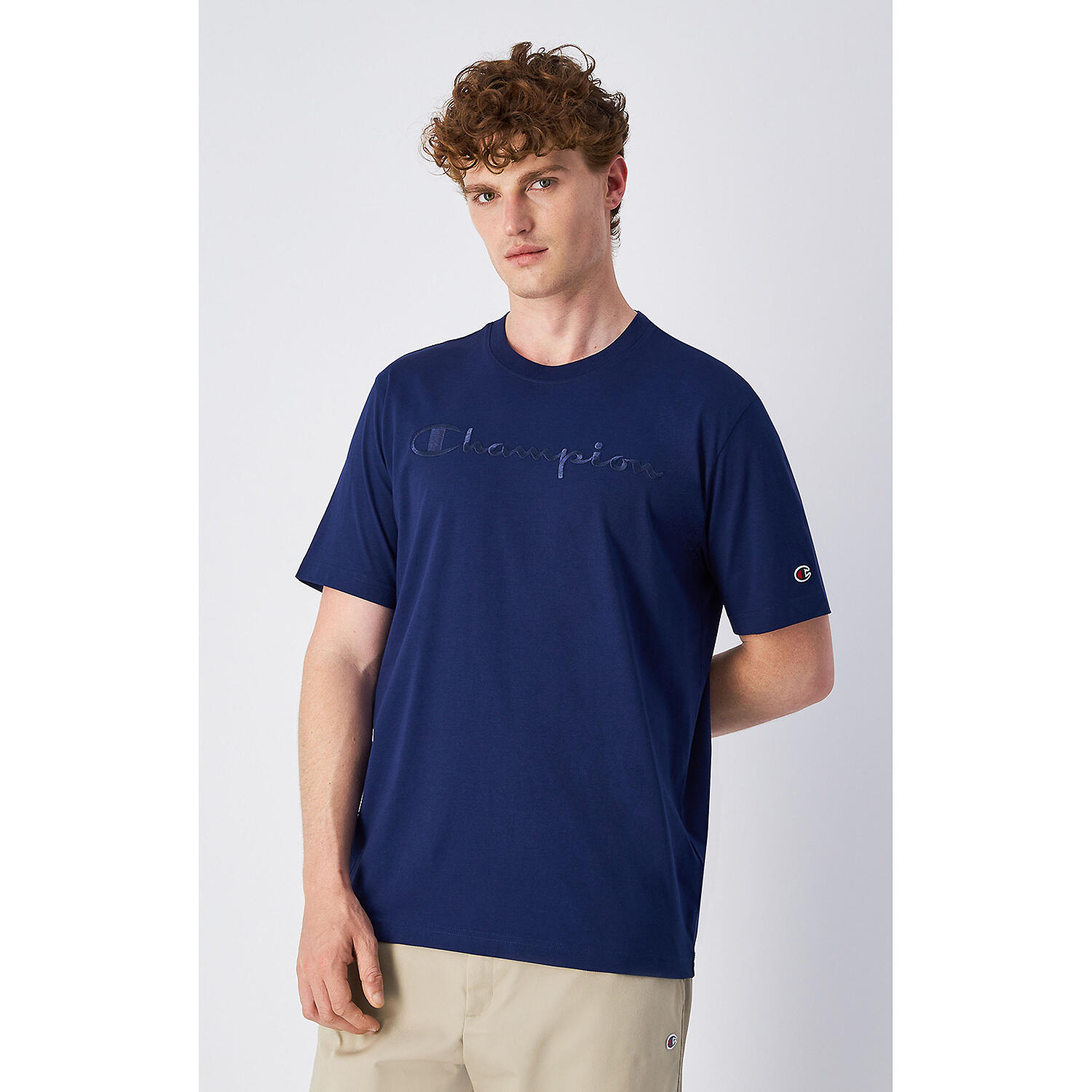 Champion SS TEE Light Cotton Jersey Uomo Logo Grande Cotone Blu Navy,M 2/4
