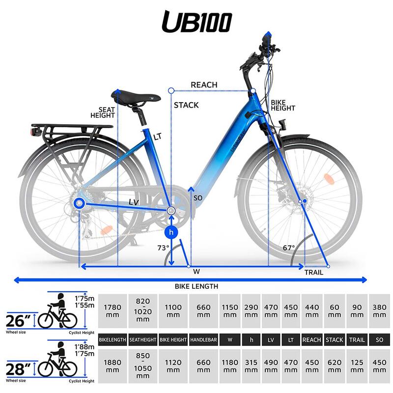 UB100 | Ebike Urbain Polyvalent | Autonomie jusqu'à 140 km | Rouge | 26"