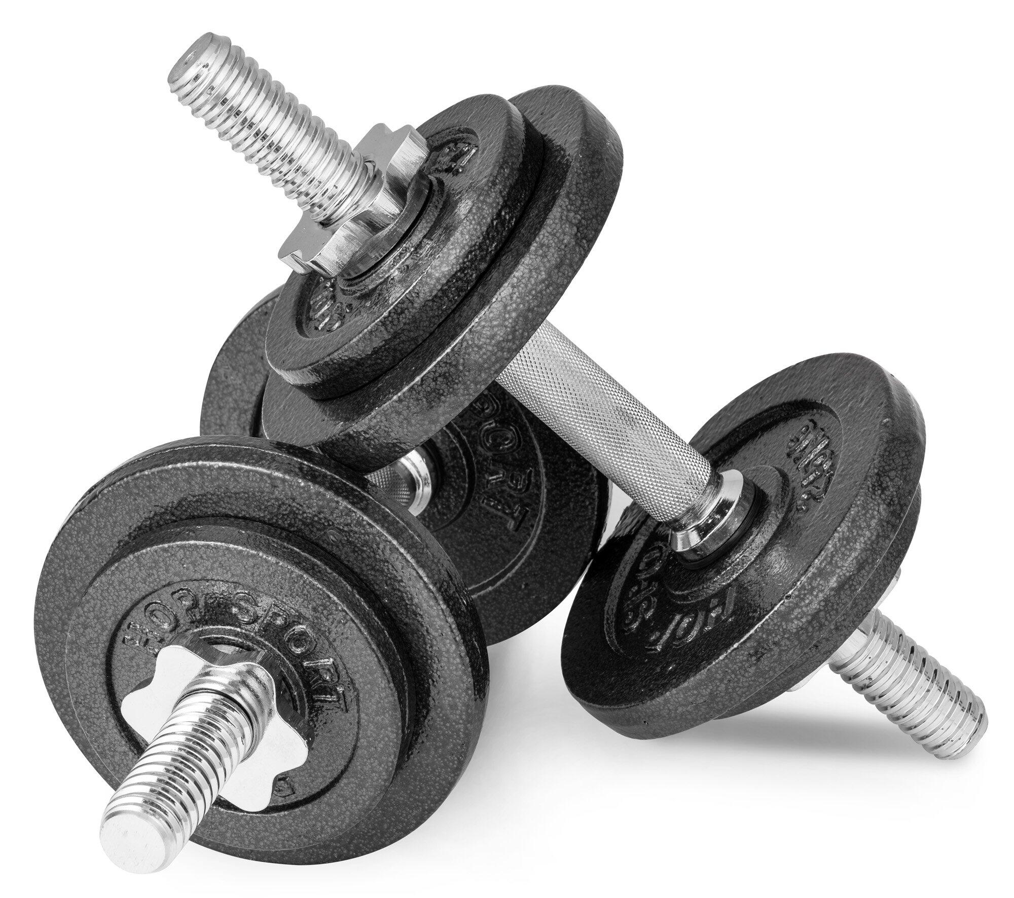 Manubri in ghisa regolabili Hop-Sport, peso 2x10kg con guanti 3/7