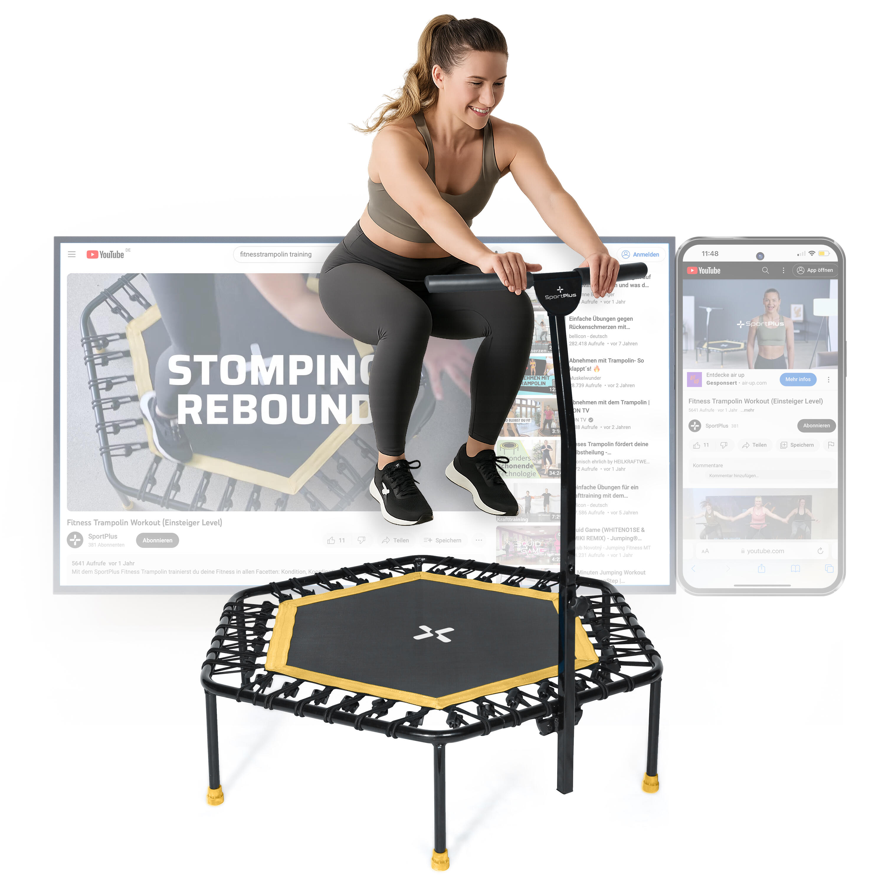 SPORTPLUS SportPlus Trampolin mit Haltestange & Gummiseilen, gelenkschonend, Gelb