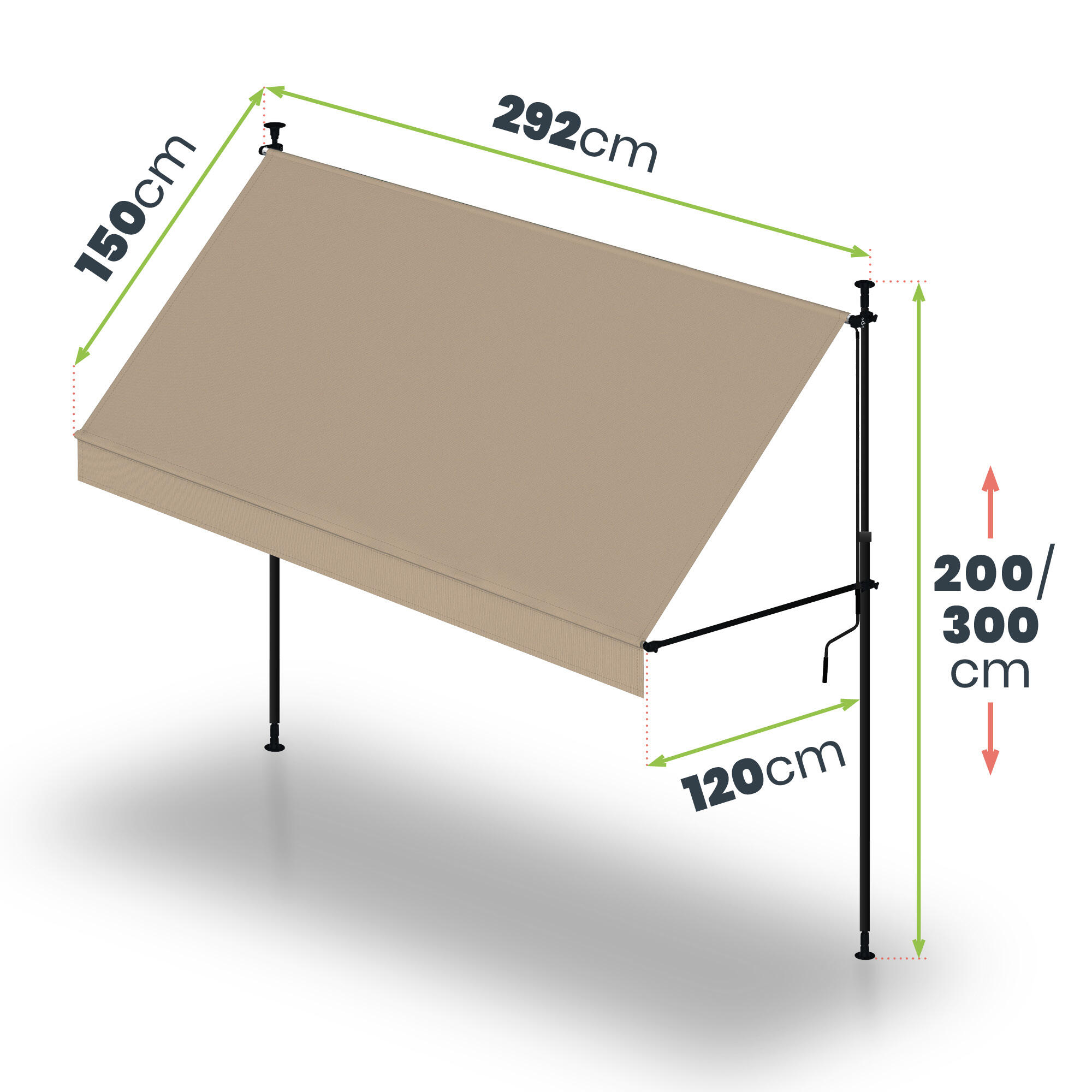 Toldo camping Ajustable sin Taladrar Cityline Beige - 3x1,2m - Protección UV 4/7