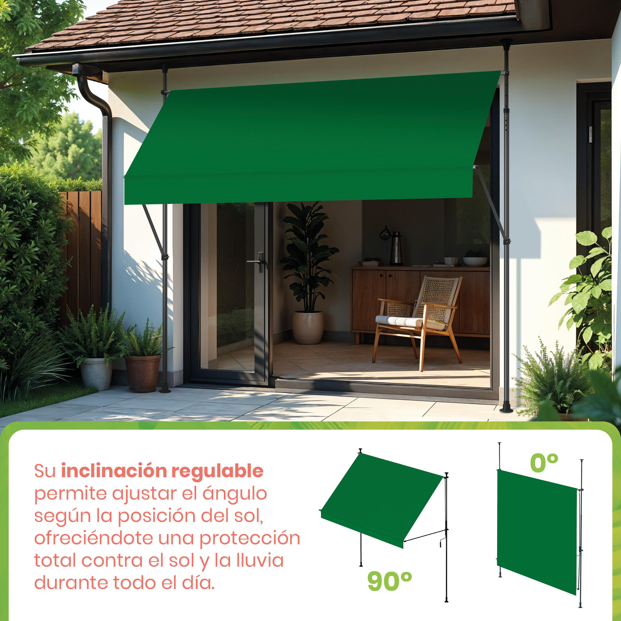 Toldo Cityline SMARTSUN Verde Ajustável sem Perfuração 3x1,2 m - Proteção UV. 6/7